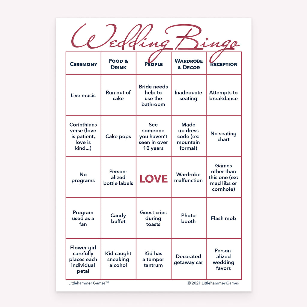 Rose gold Bride and Groom Wedding Bingo printable game card layout