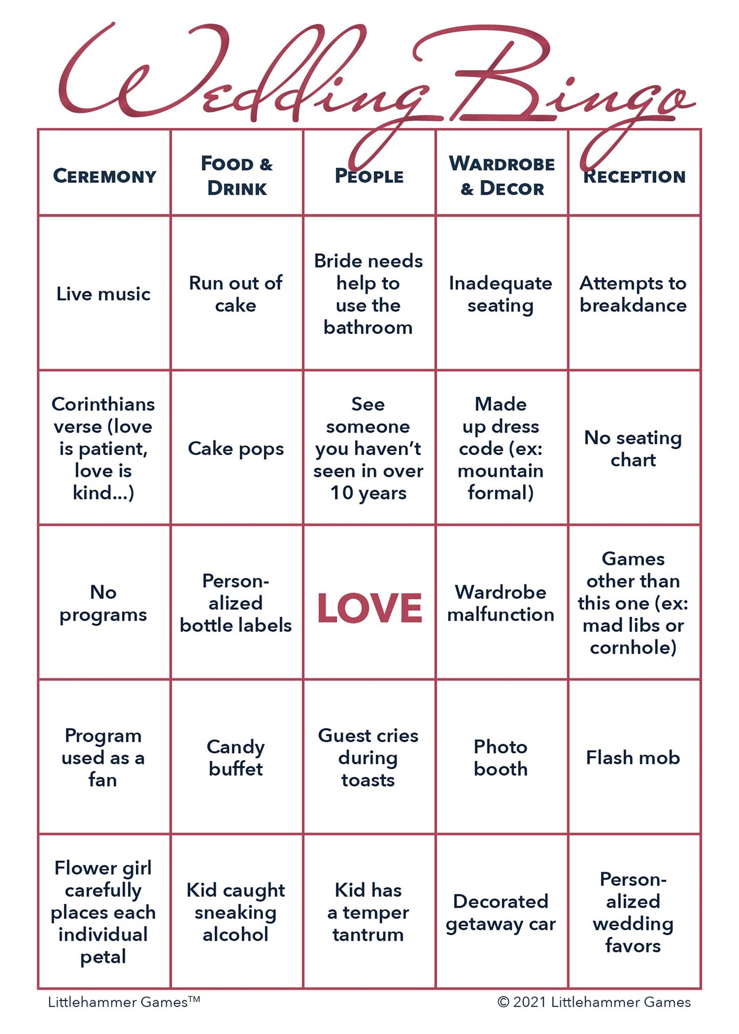 Rose gold Bride and Groom Wedding Bingo printable game card layout