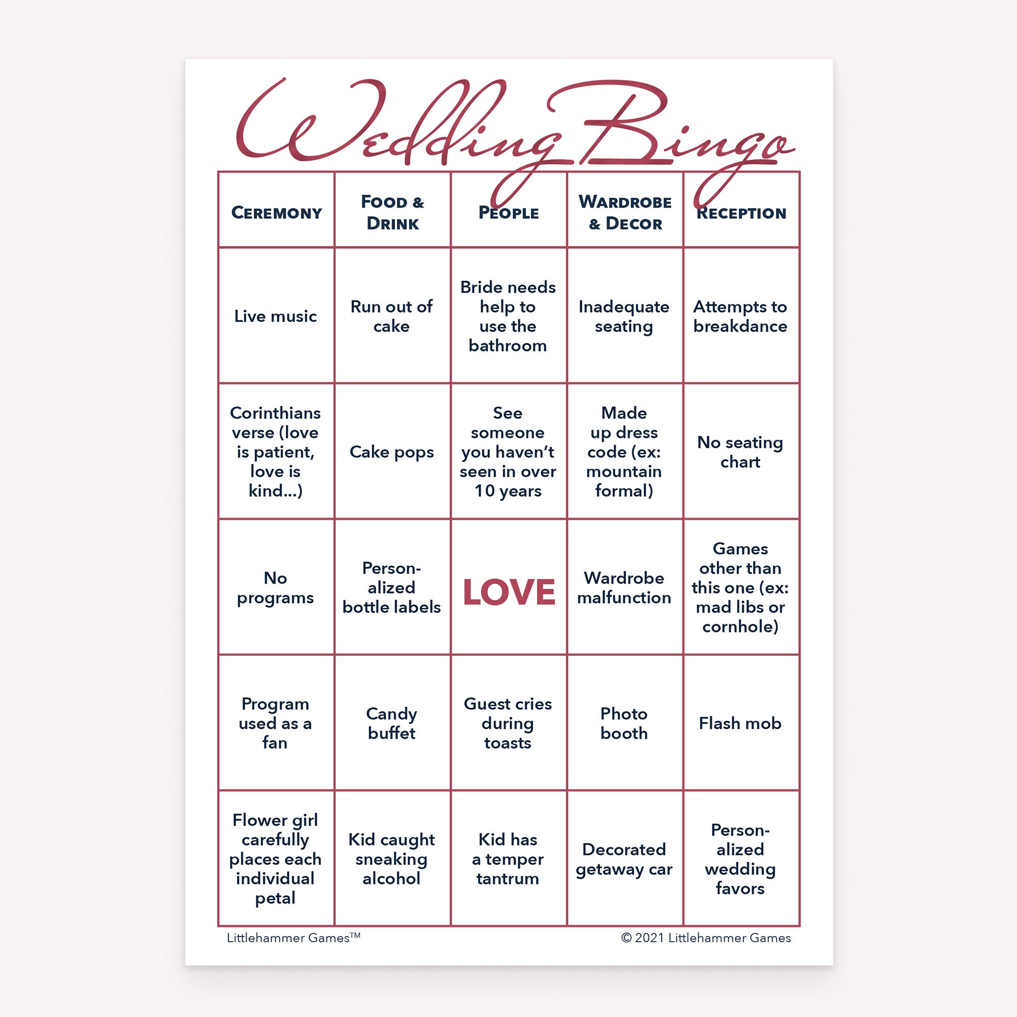 Rose gold Bride and Groom Wedding Bingo printable game card layout
