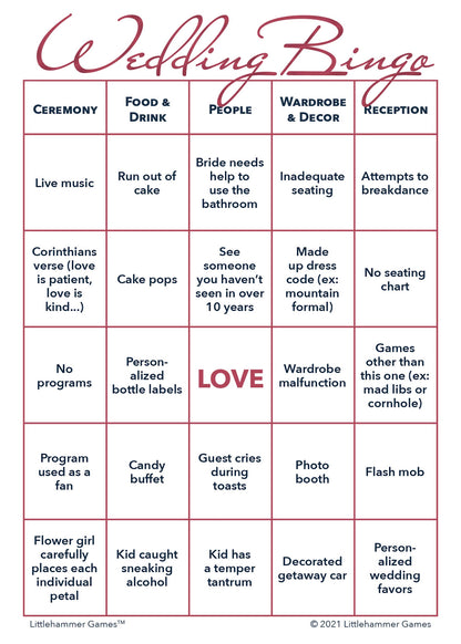 Rose gold Bride and Groom Wedding Bingo printable game card layout