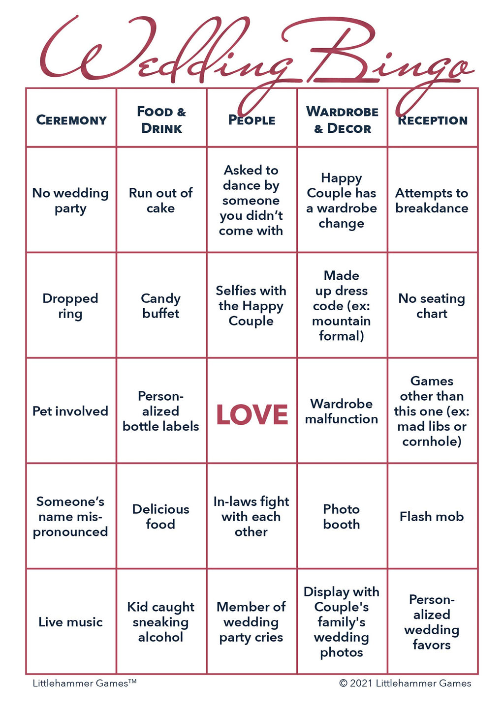 Rose gold printable Gender Neutral Wedding Bingo activity card