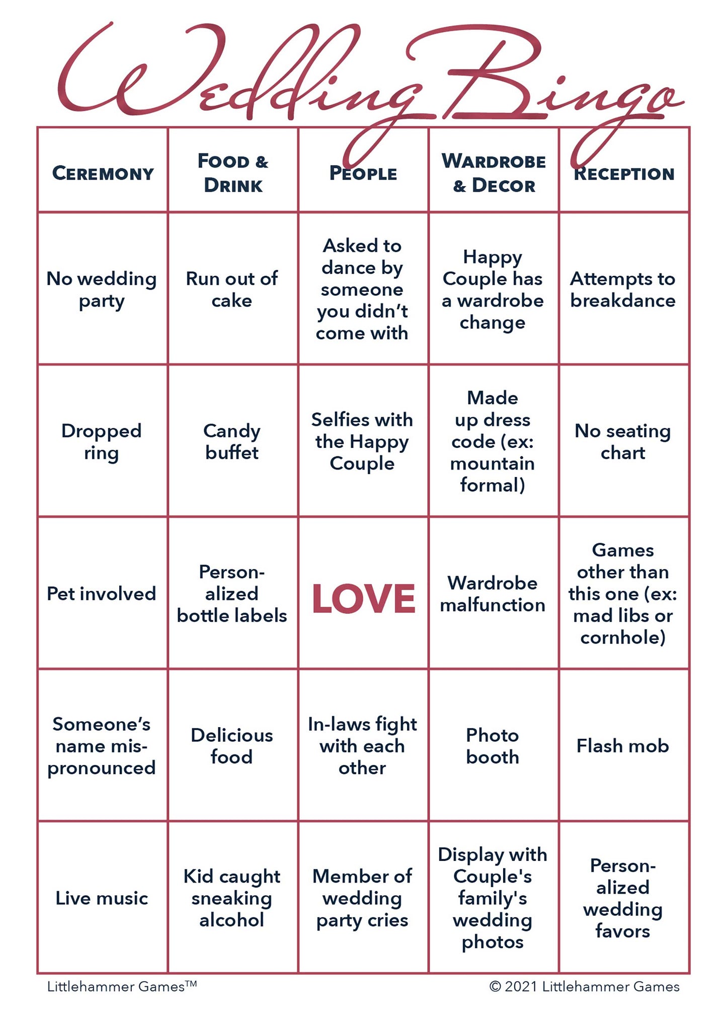 Rose gold printable Gender Neutral Wedding Bingo activity card