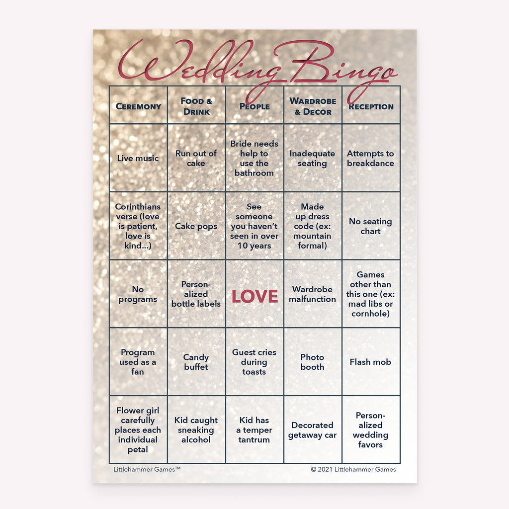 Bride and Groom Wedding Bingo printable card in glittery rose gold theme