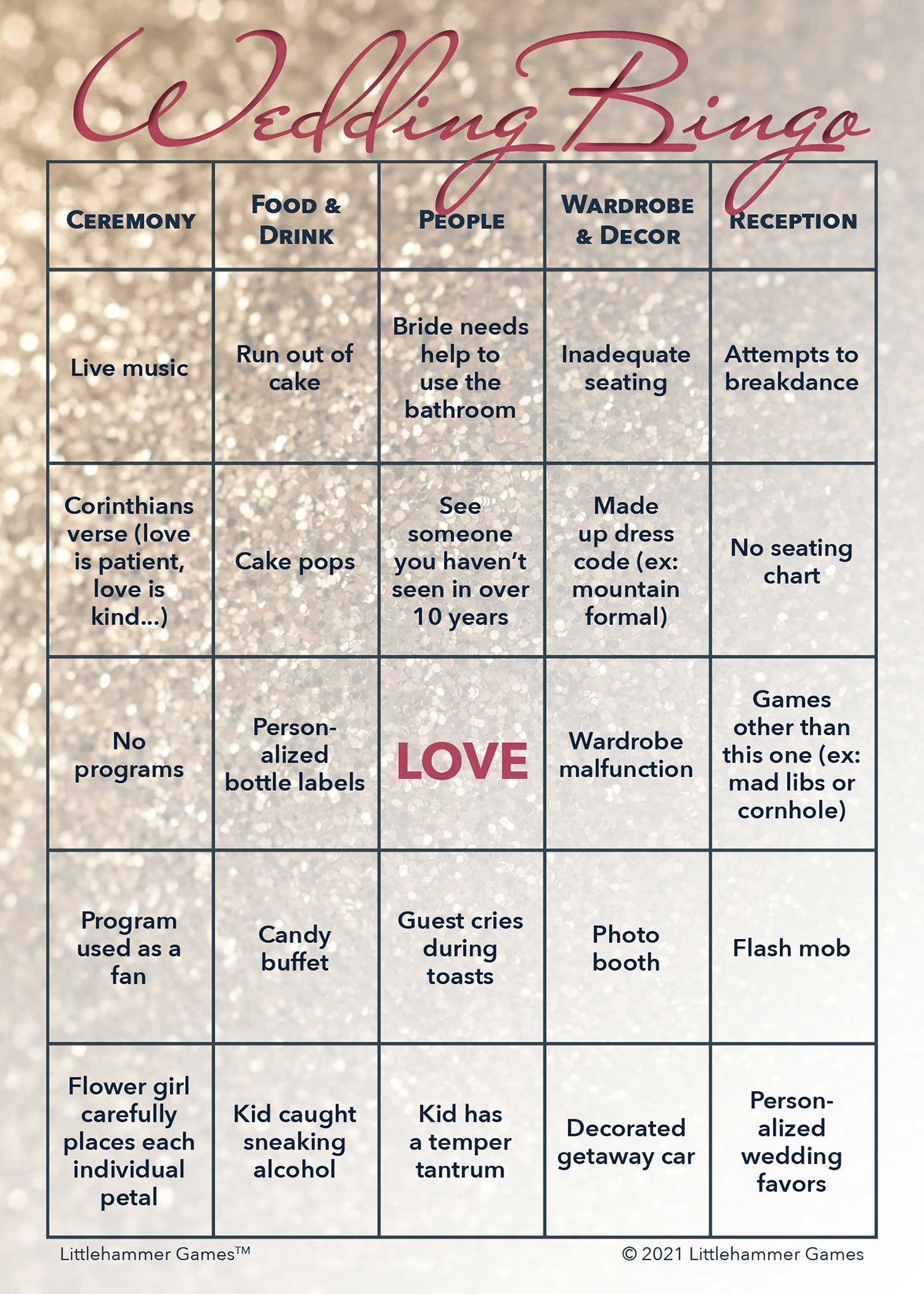 Bride and Groom Wedding Bingo printable card in glittery rose gold theme
