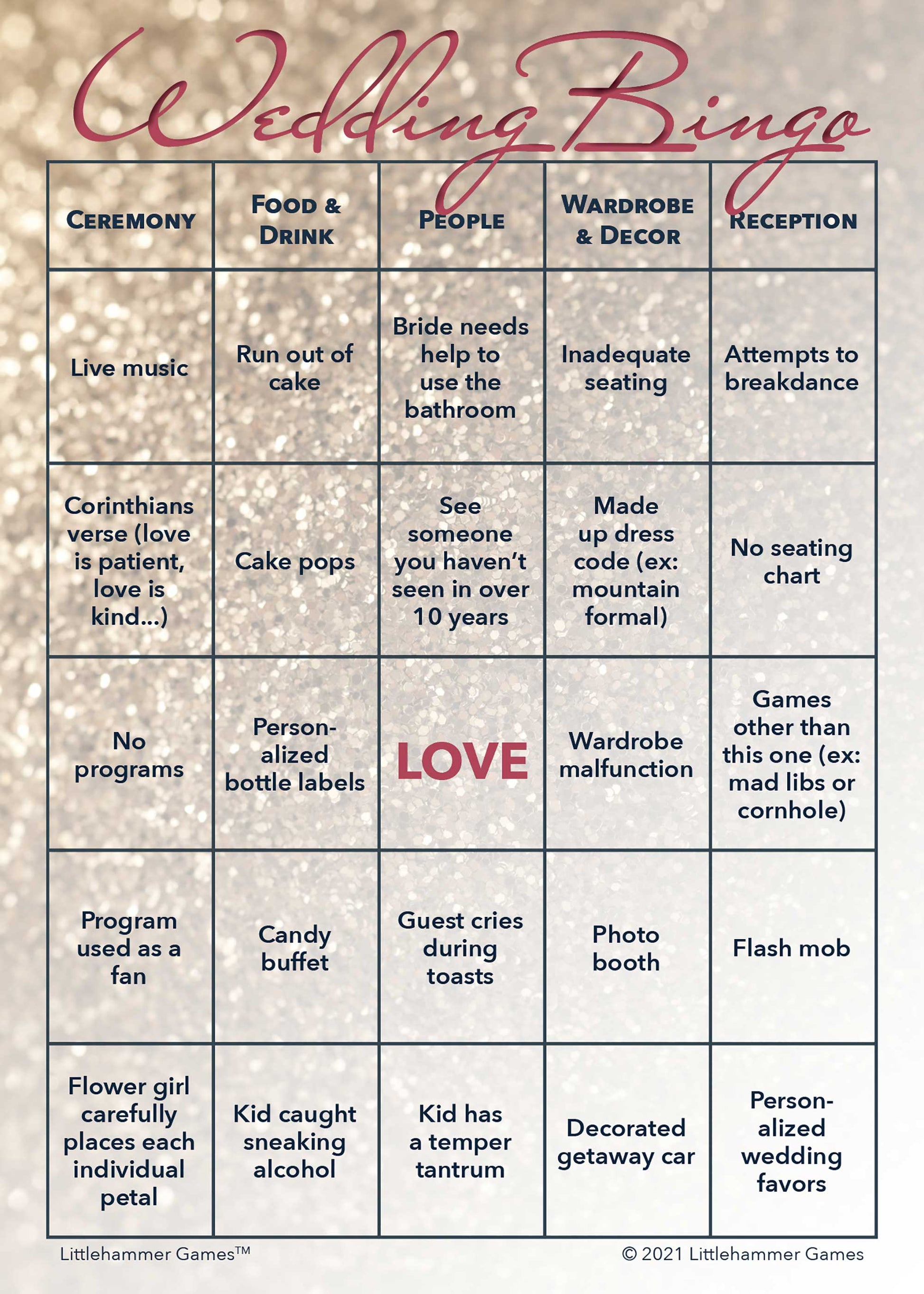 Bride and Groom Wedding Bingo printable card in glittery rose gold theme