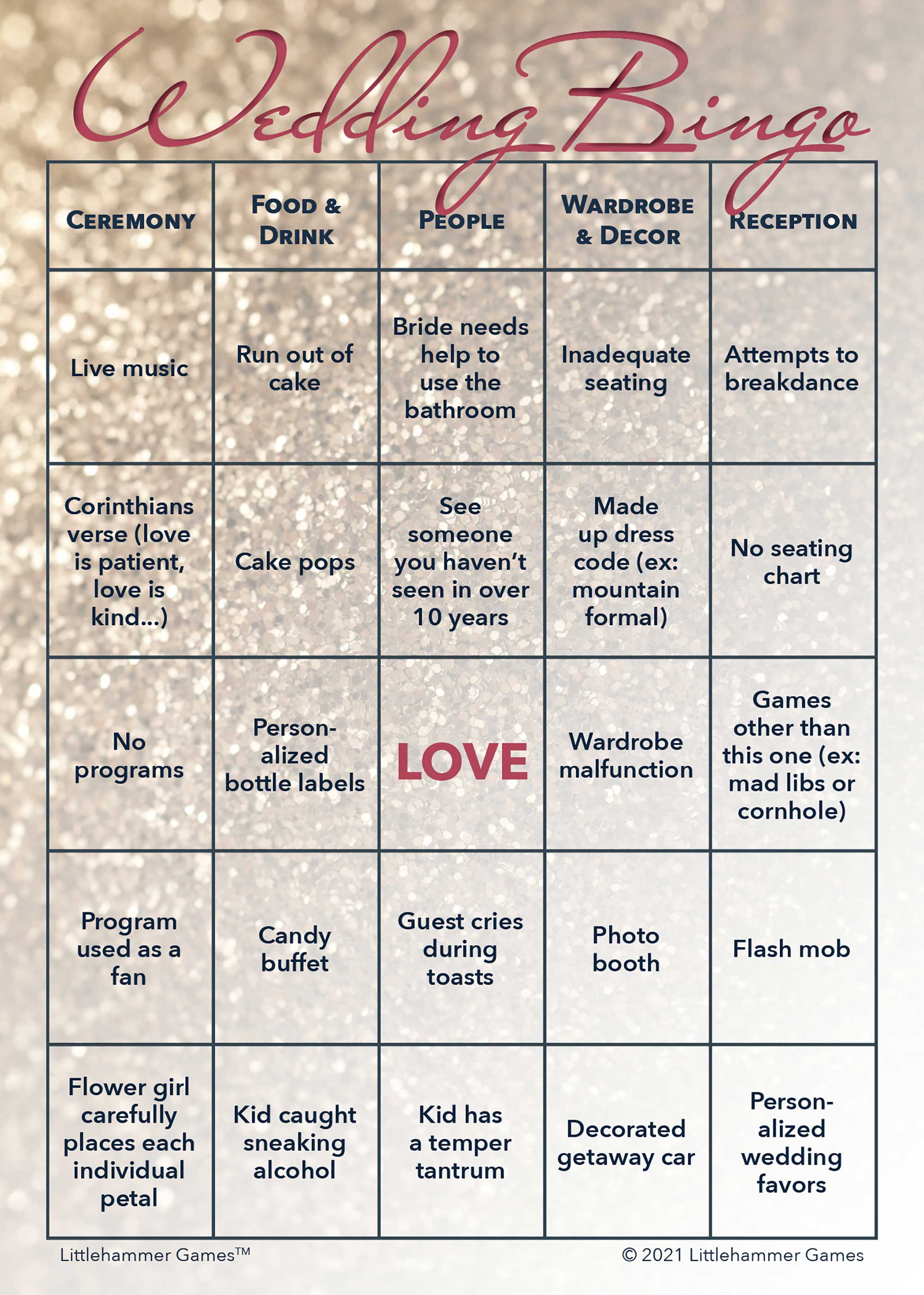 Bride and Groom Wedding Bingo printable card in glittery rose gold theme