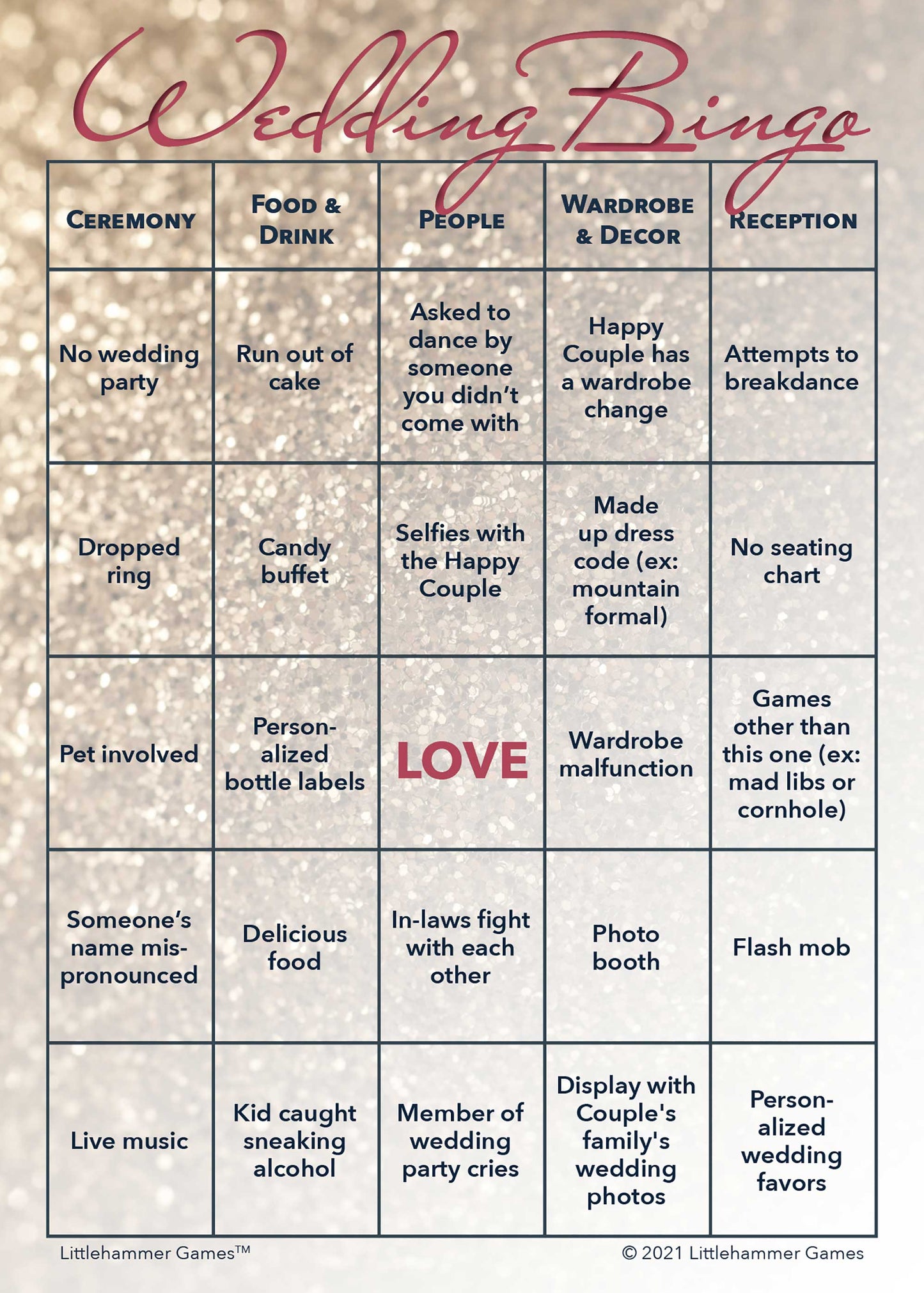 Printable Gender Neutral Wedding Bingo wedding game card in glittery rose gold design