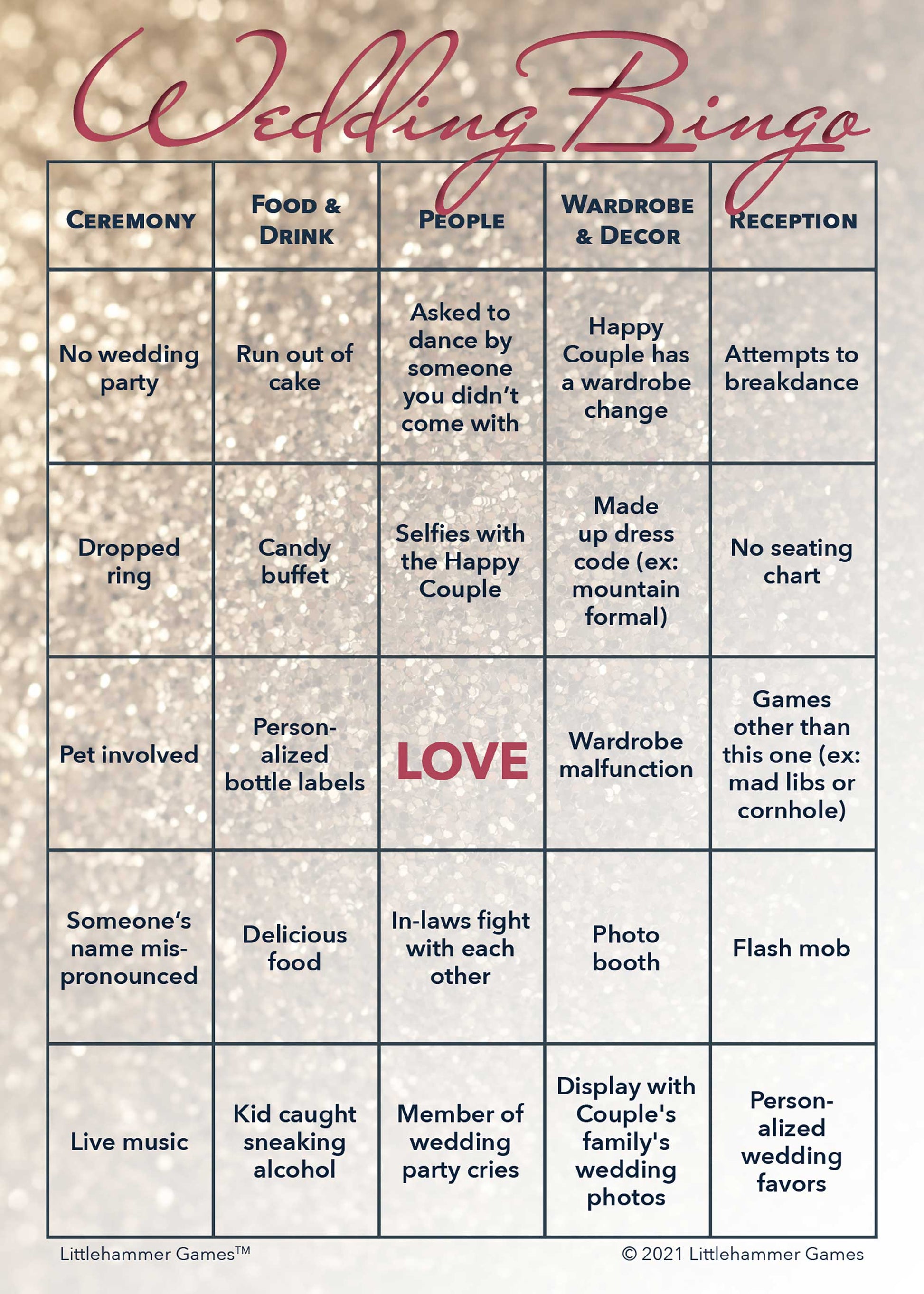 Printable Gender Neutral Wedding Bingo wedding game card in glittery rose gold design