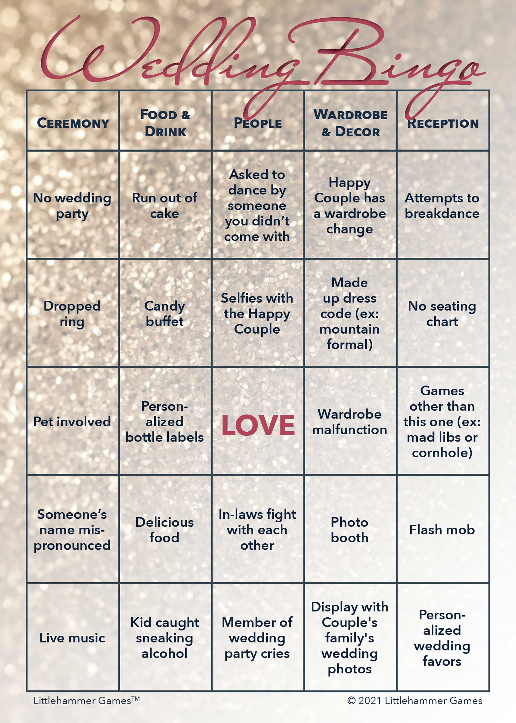 Printable Gender Neutral Wedding Bingo wedding game card in glittery rose gold design