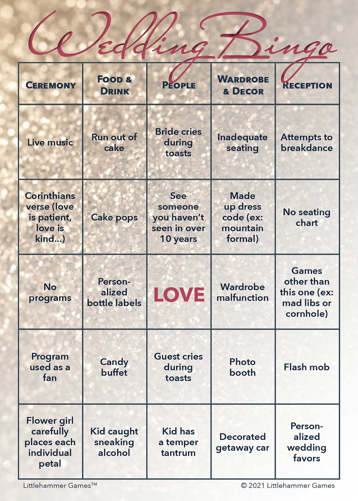 Glittery rose gold printable 2 Brides Wedding Bingo activity card