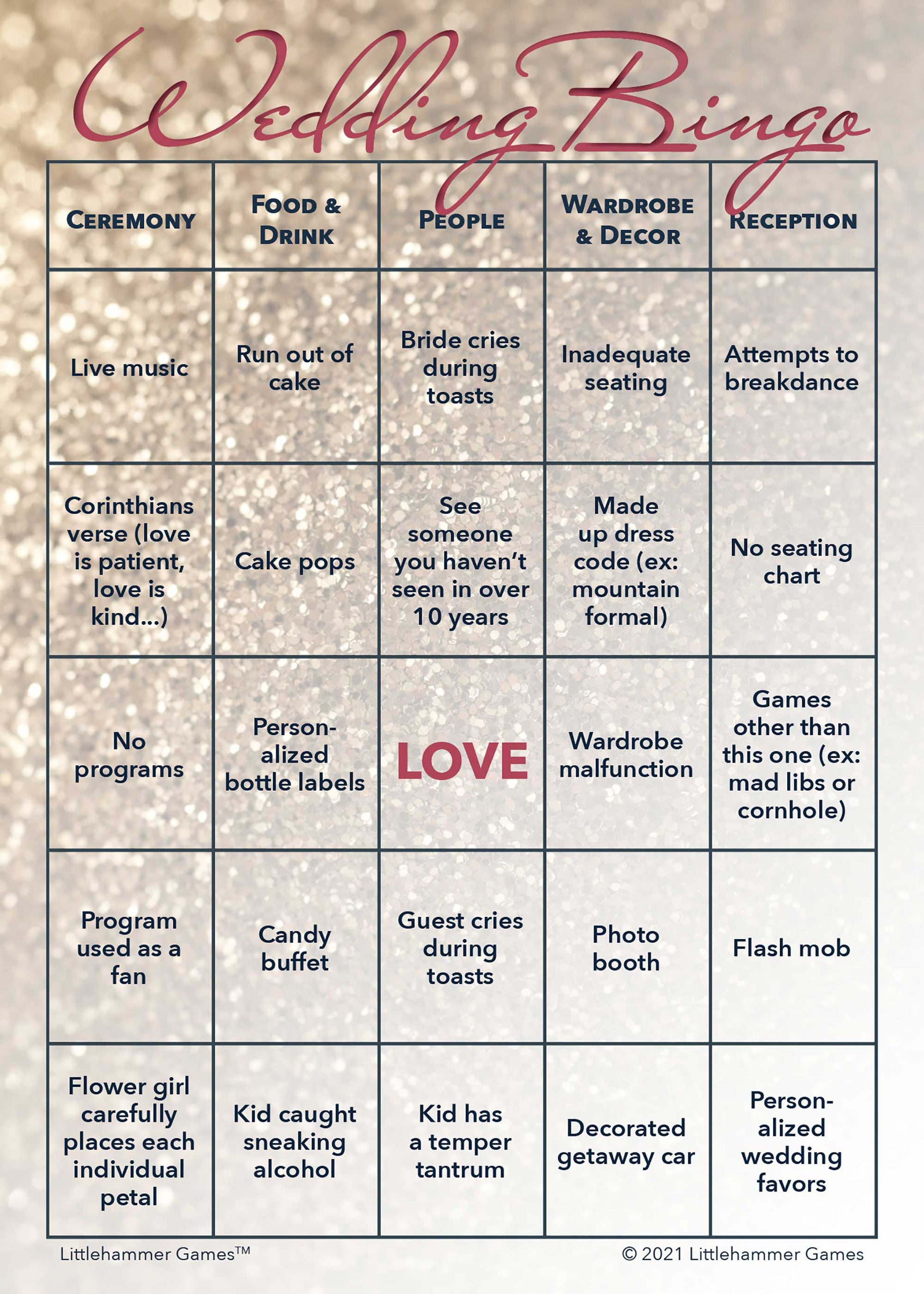 Glittery rose gold printable 2 Brides Wedding Bingo activity card
