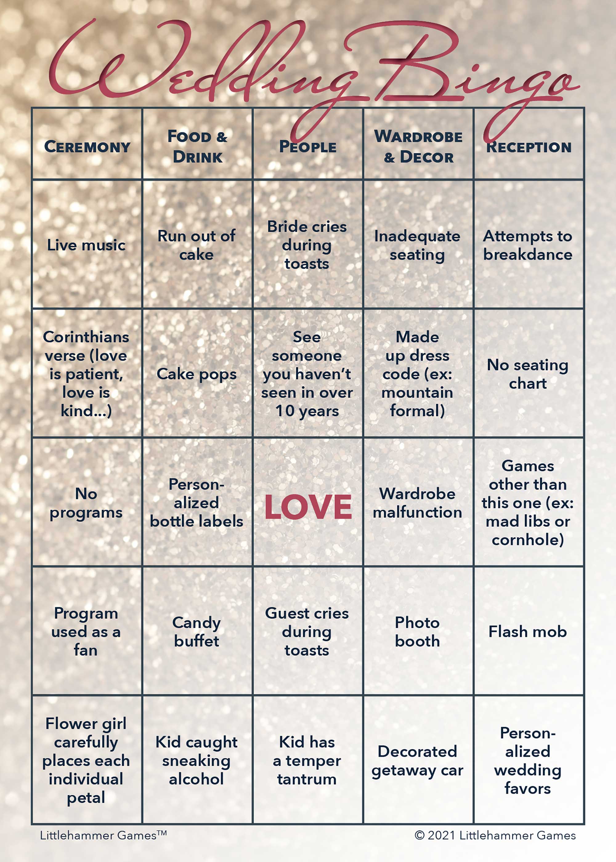 Glittery rose gold printable 2 Brides Wedding Bingo activity card