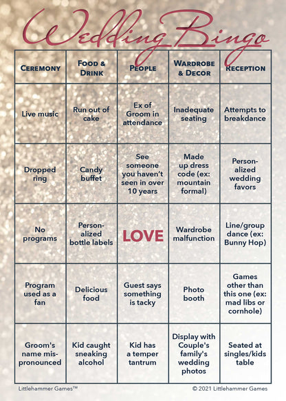 Glittery rose gold printable 2 Grooms Wedding Bingo wedding game card