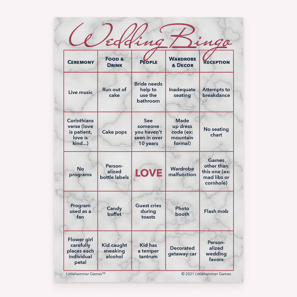 Printable Bride and Groom Wedding Bingo game card with rose gold and marble design