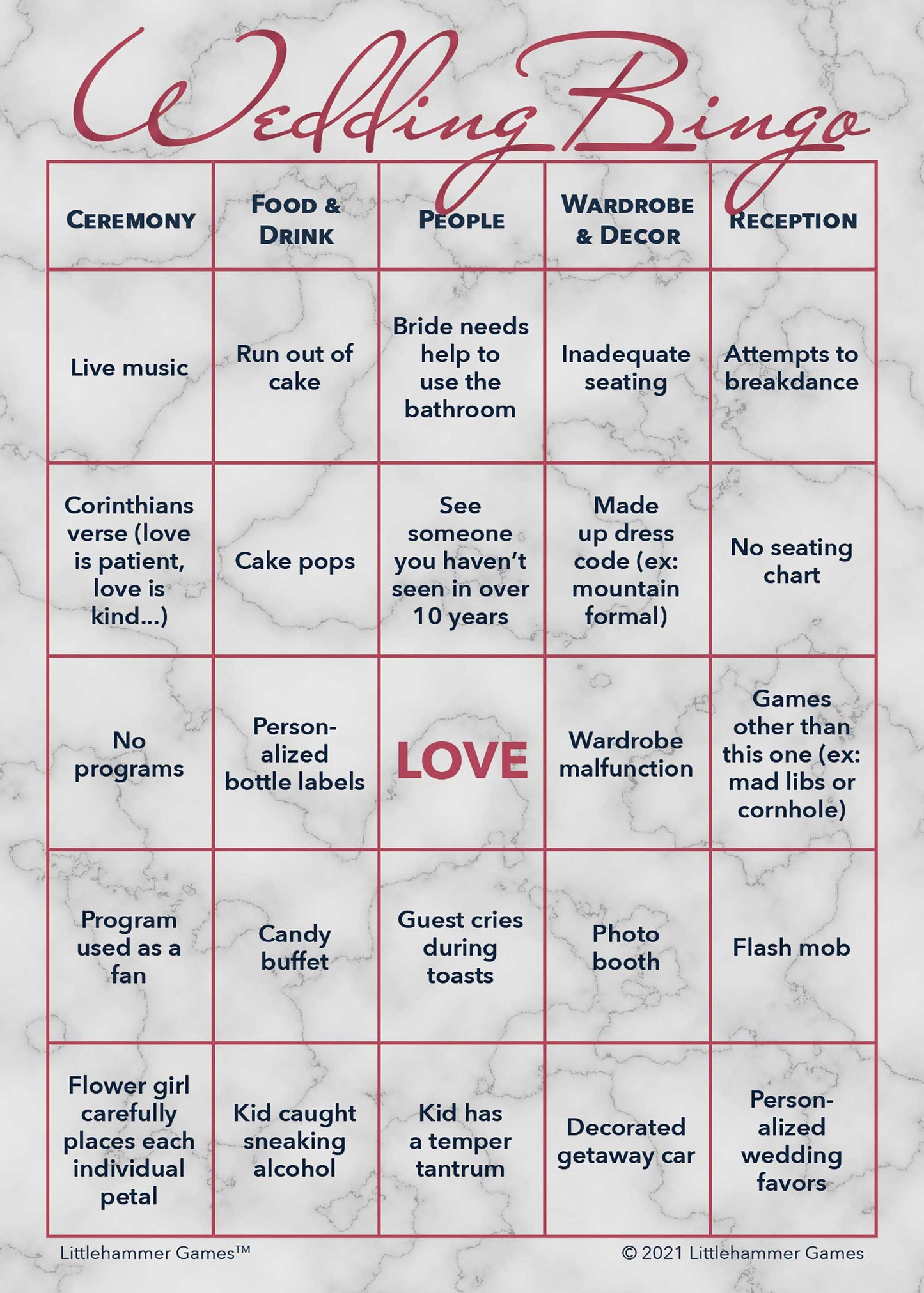 Printable Bride and Groom Wedding Bingo game card with rose gold and marble design