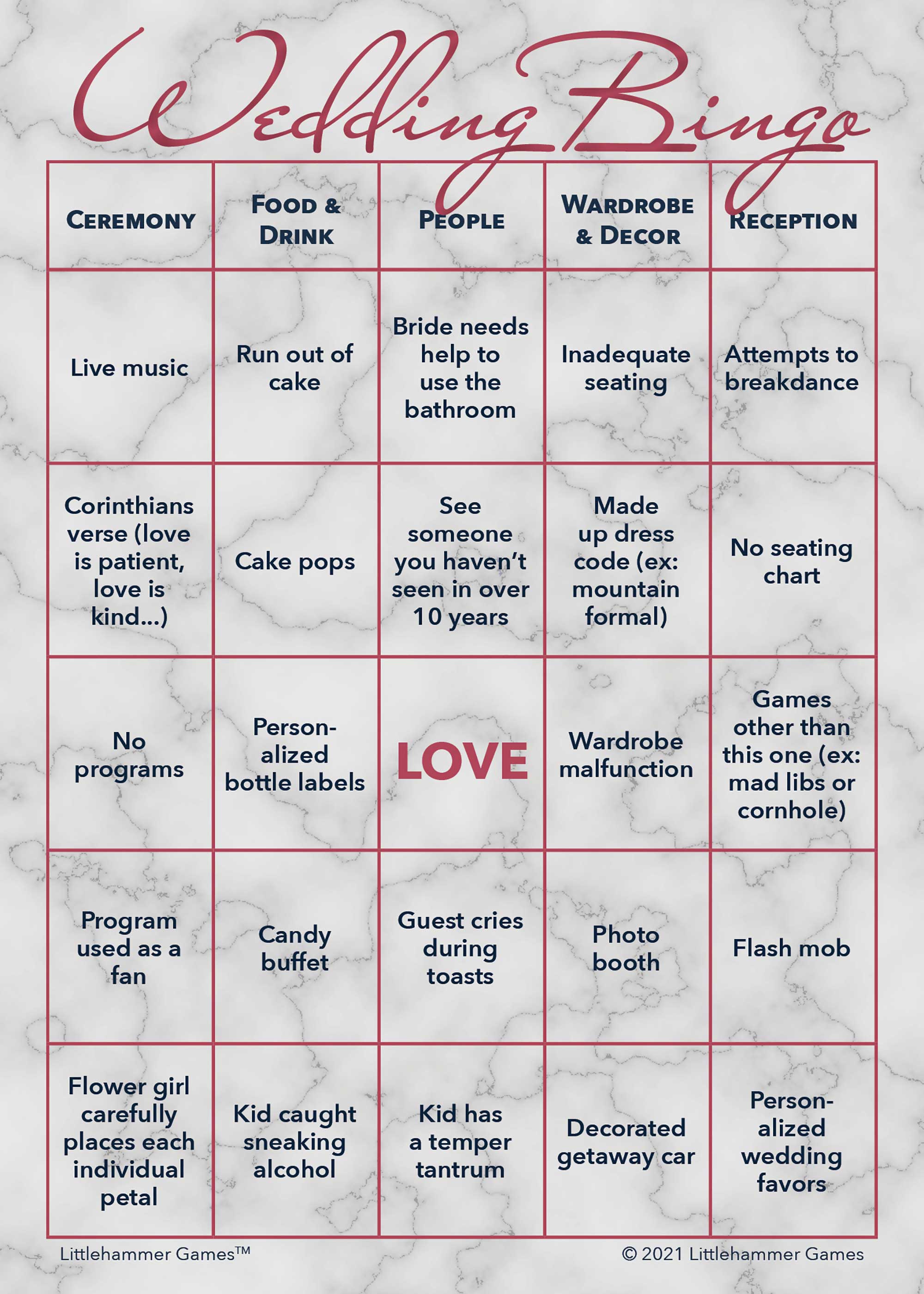 Printable Bride and Groom Wedding Bingo game card with rose gold and marble design