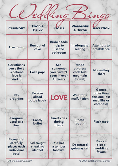 Printable Bride and Groom Wedding Bingo game card with rose gold and marble design