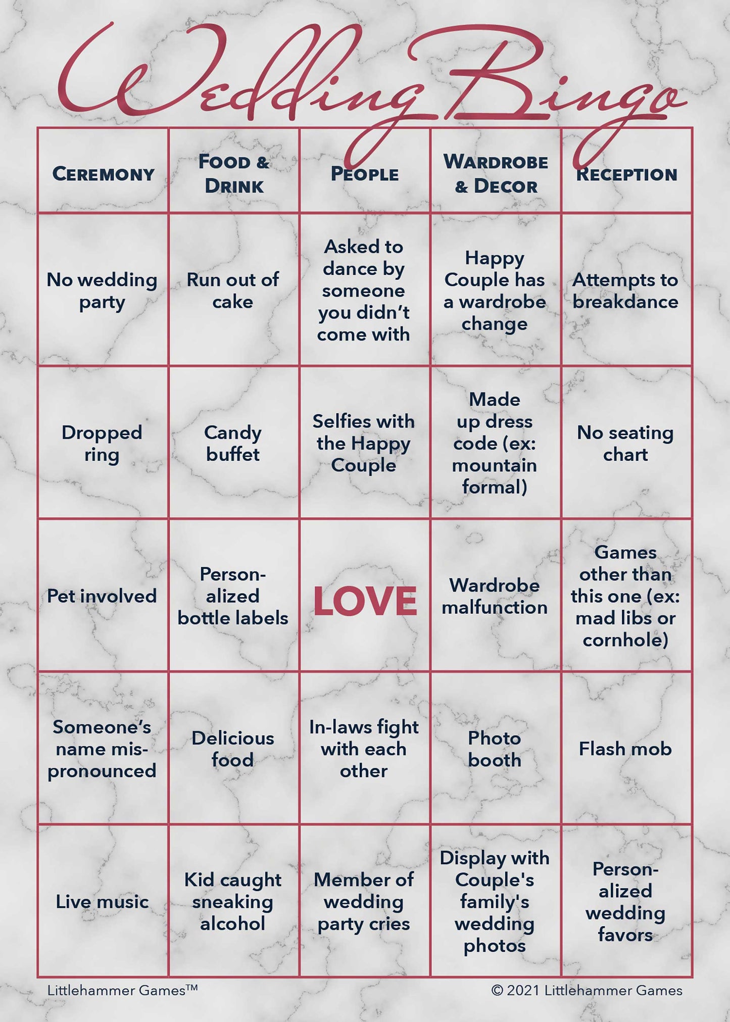 Rose gold and marble printable Gender Neutral Wedding Bingo wedding game card