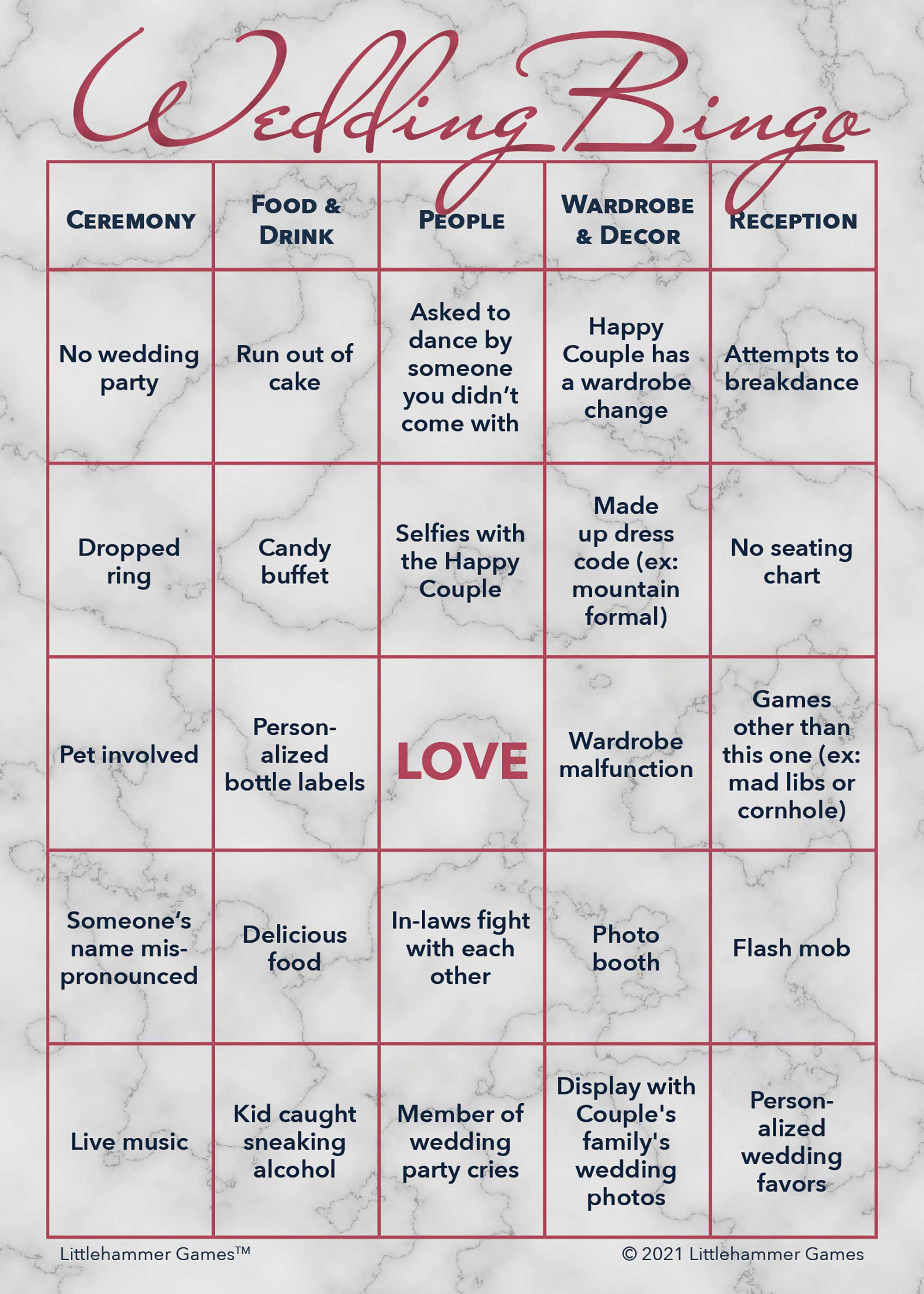 Rose gold and marble printable Gender Neutral Wedding Bingo wedding game card