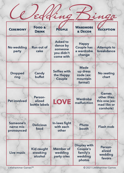 Rose gold and marble printable Gender Neutral Wedding Bingo wedding game card
