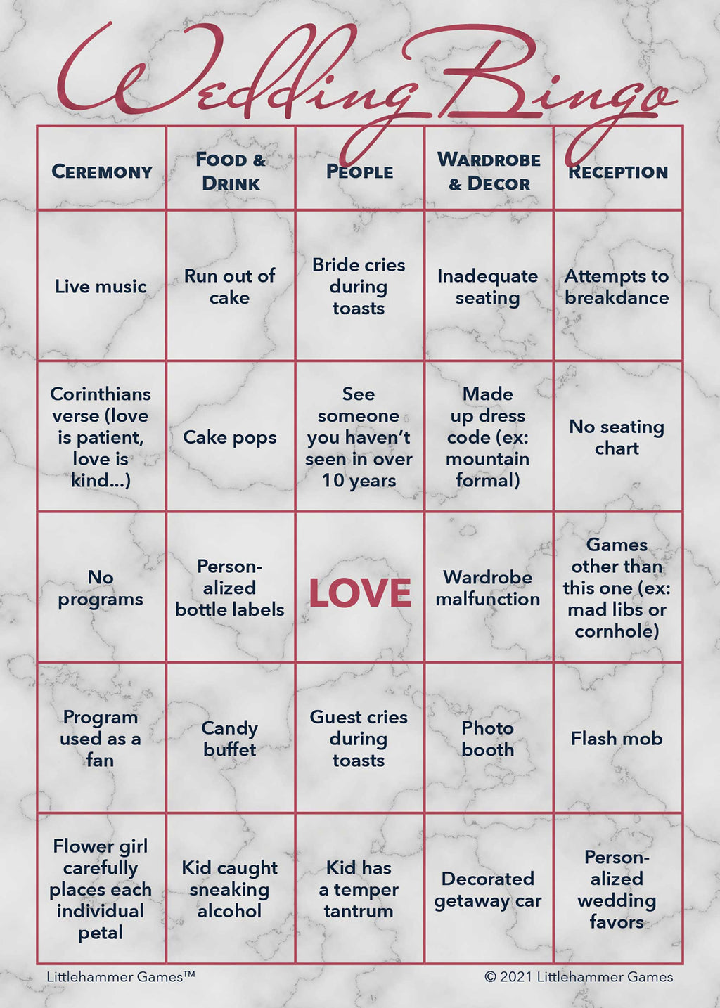 2 Brides Wedding Bingo printable card in rose gold and marble theme