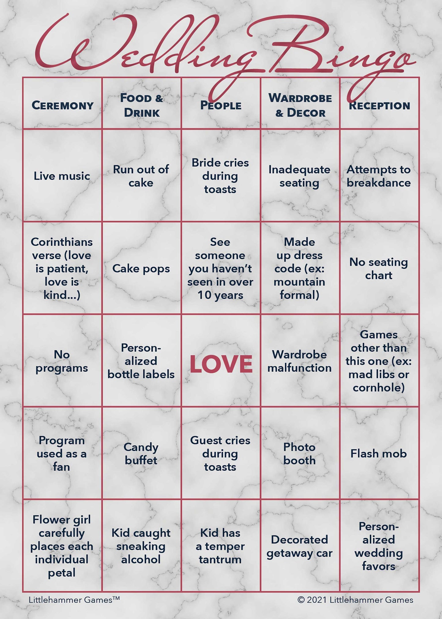 2 Brides Wedding Bingo printable card in rose gold and marble theme