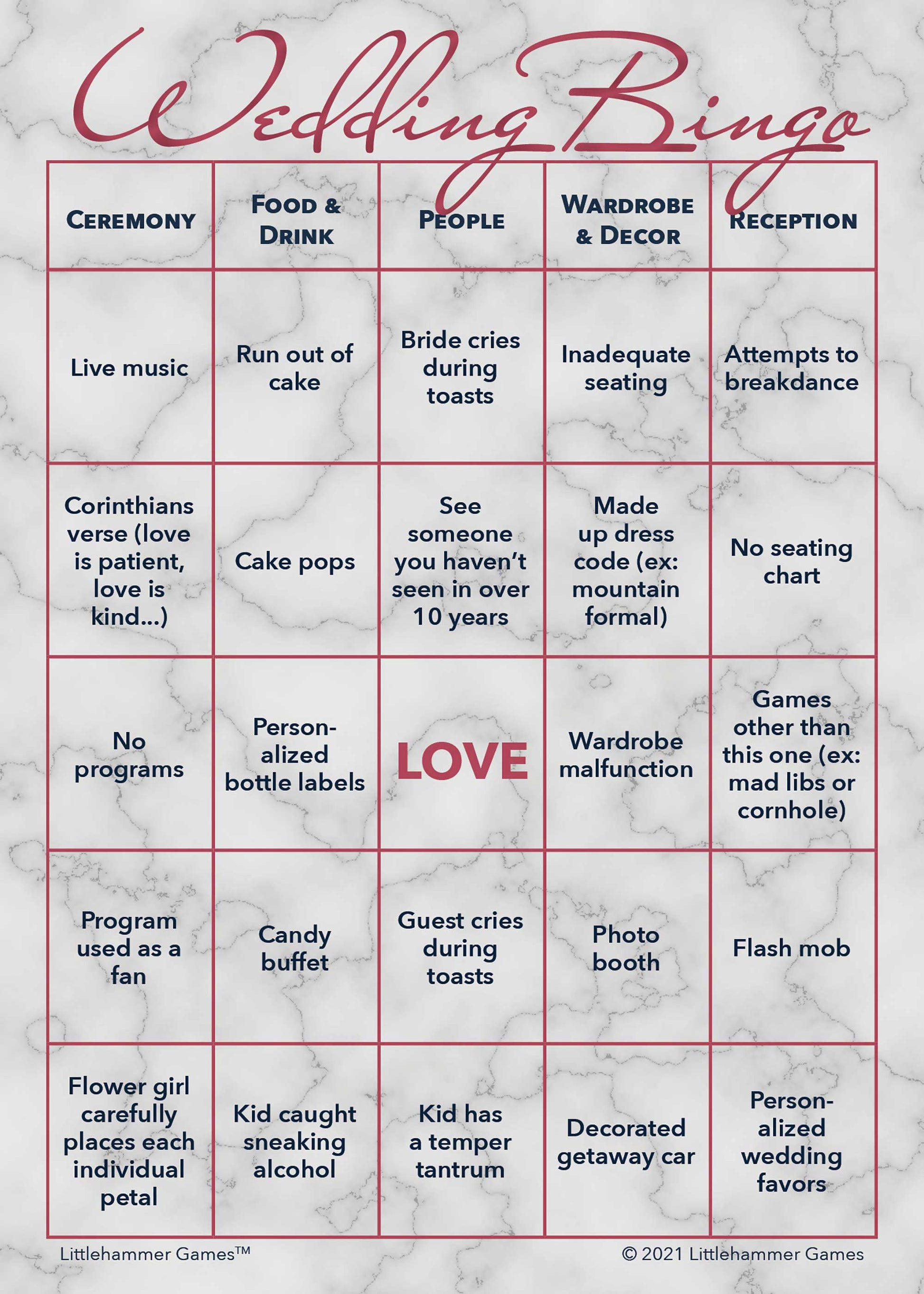 2 Brides Wedding Bingo printable card in rose gold and marble theme