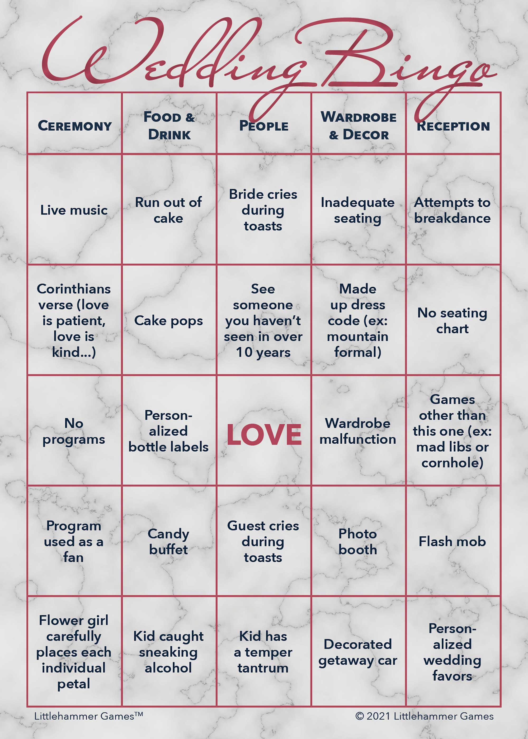 2 Brides Wedding Bingo printable card in rose gold and marble theme