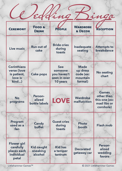 2 Brides Wedding Bingo printable card in rose gold and marble theme