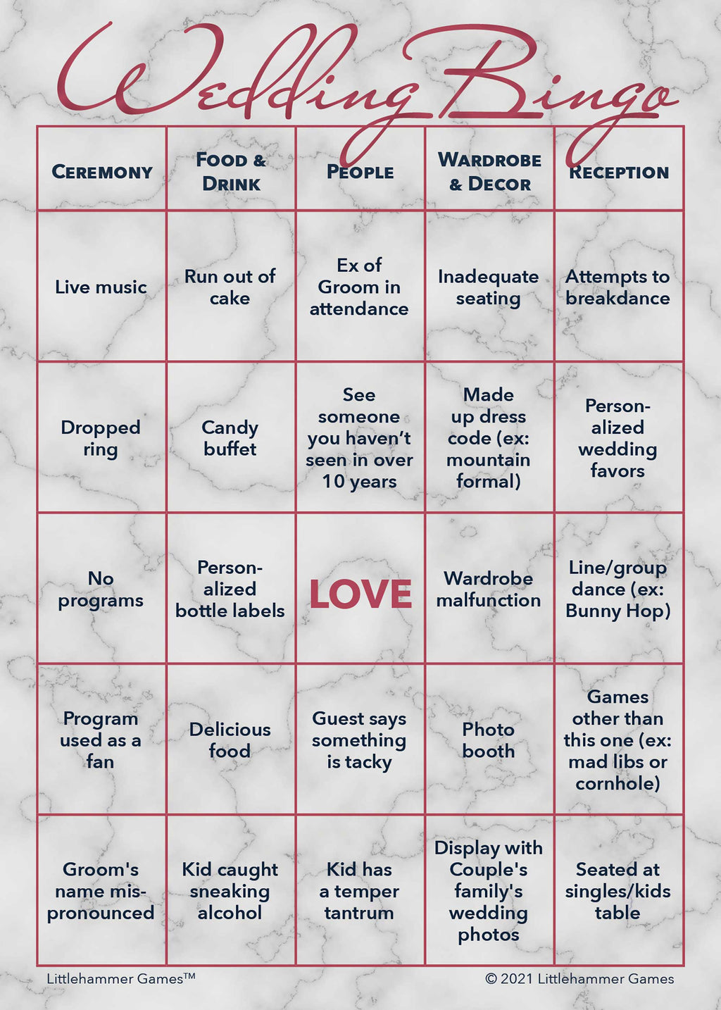 Rose gold and marble printable 2 Grooms Wedding Bingo activity card