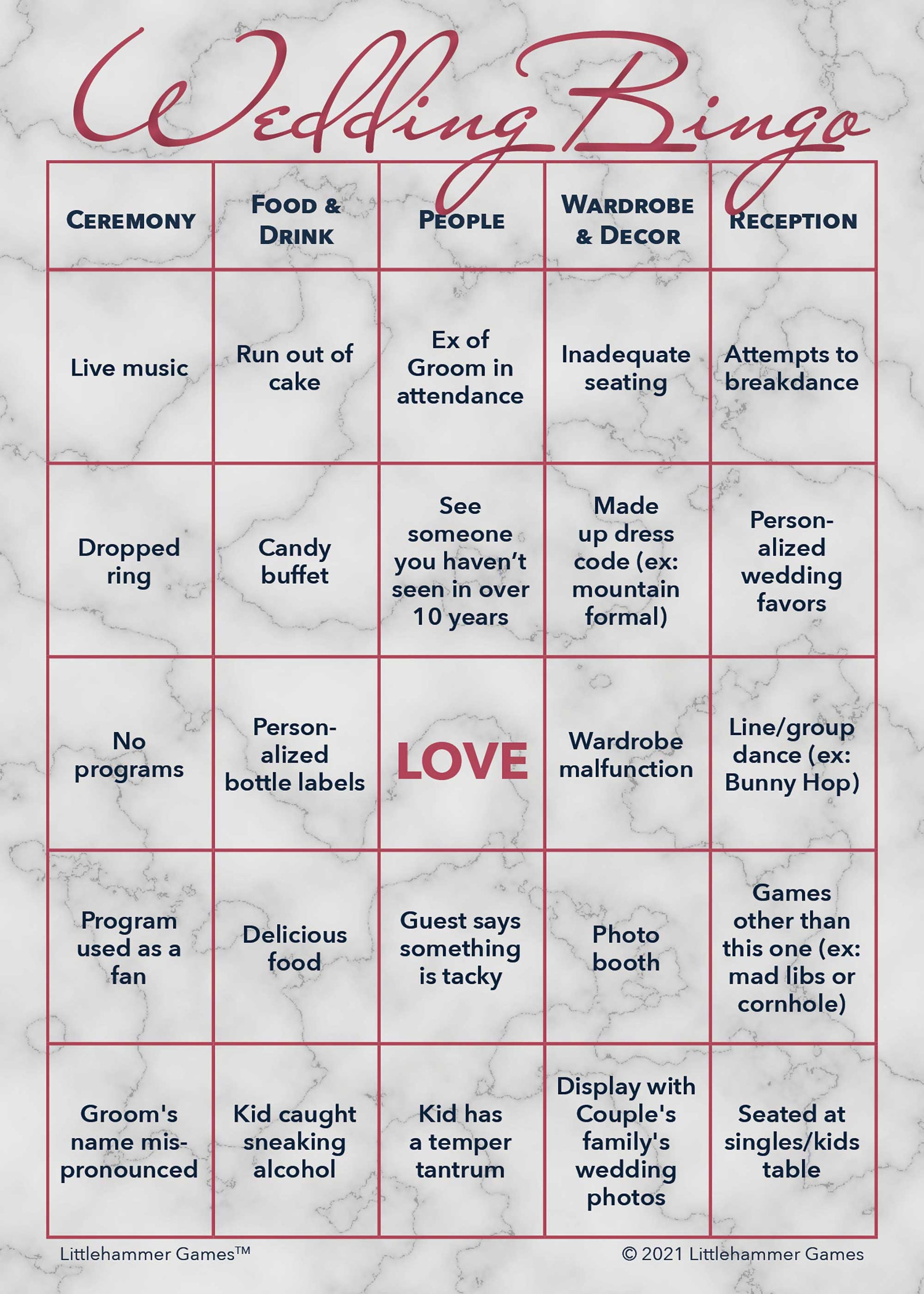 Rose gold and marble printable 2 Grooms Wedding Bingo activity card