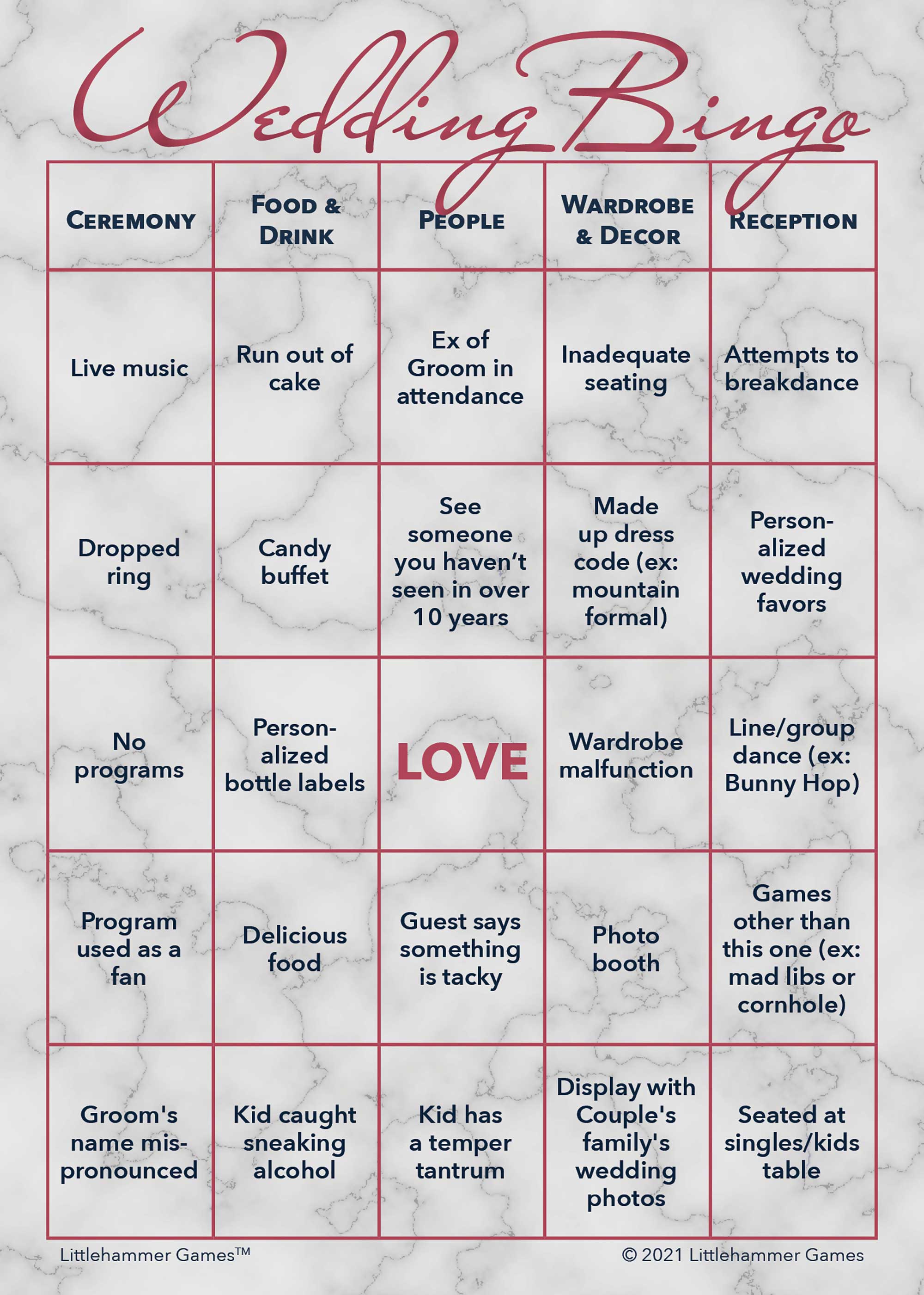 Rose gold and marble printable 2 Grooms Wedding Bingo activity card