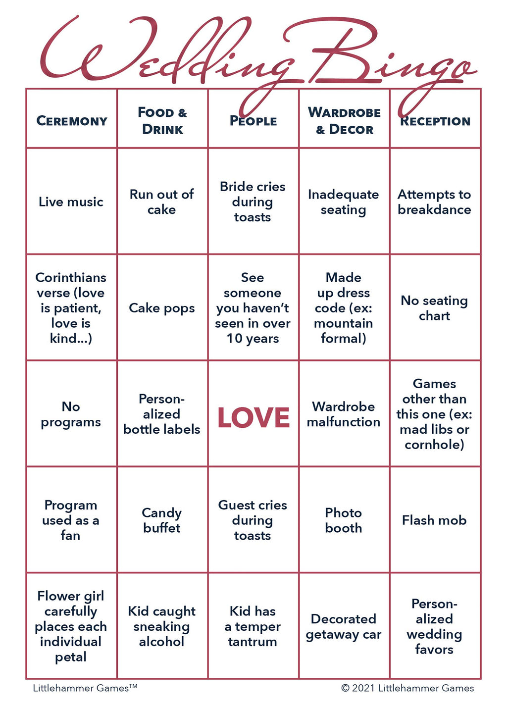 Printable wedding 2 Brides Wedding Bingo game card with rose gold design