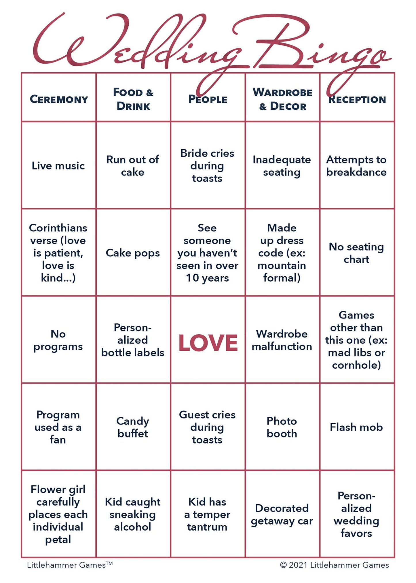 Printable wedding 2 Brides Wedding Bingo game card with rose gold design