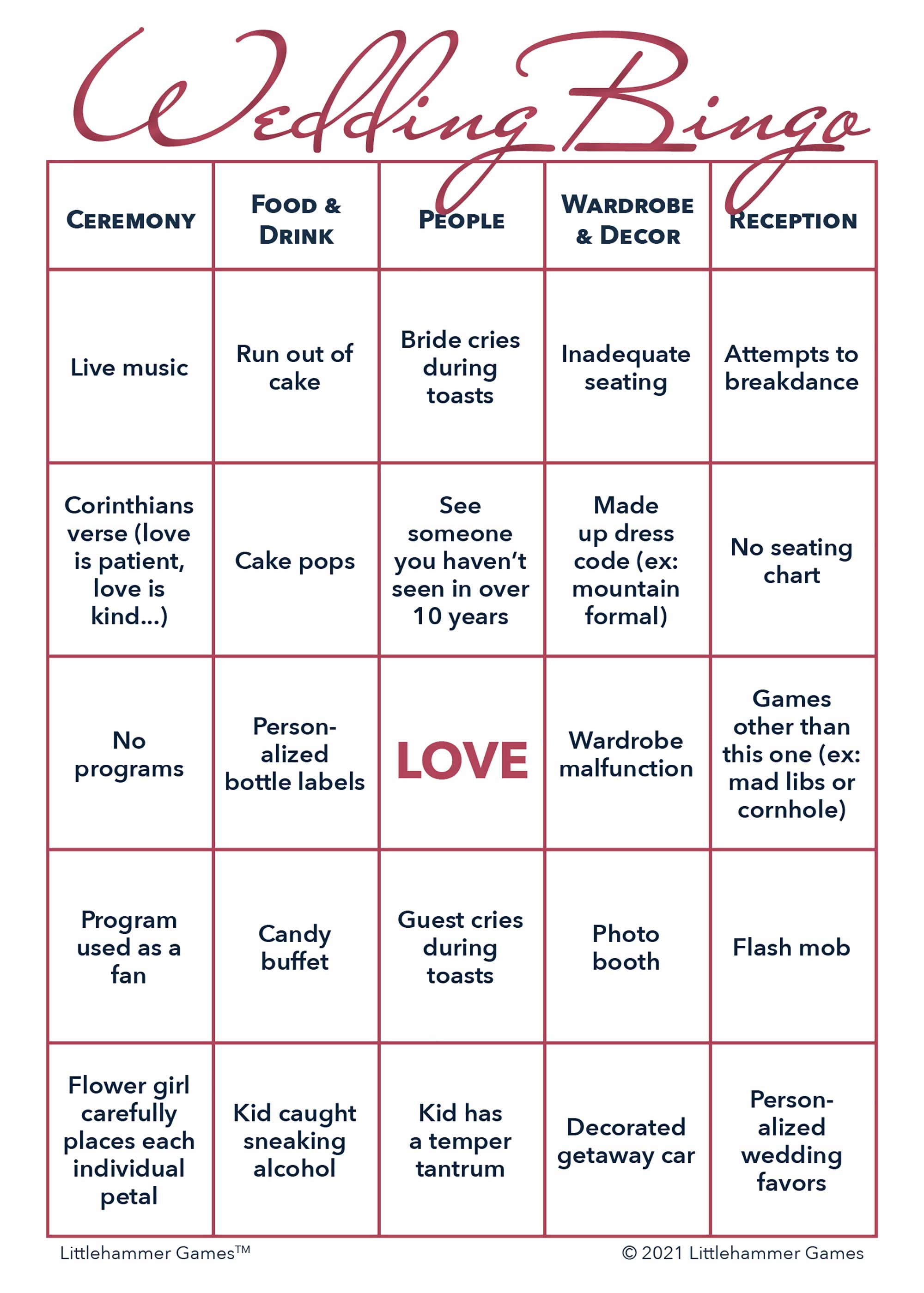 Printable wedding 2 Brides Wedding Bingo game card with rose gold design