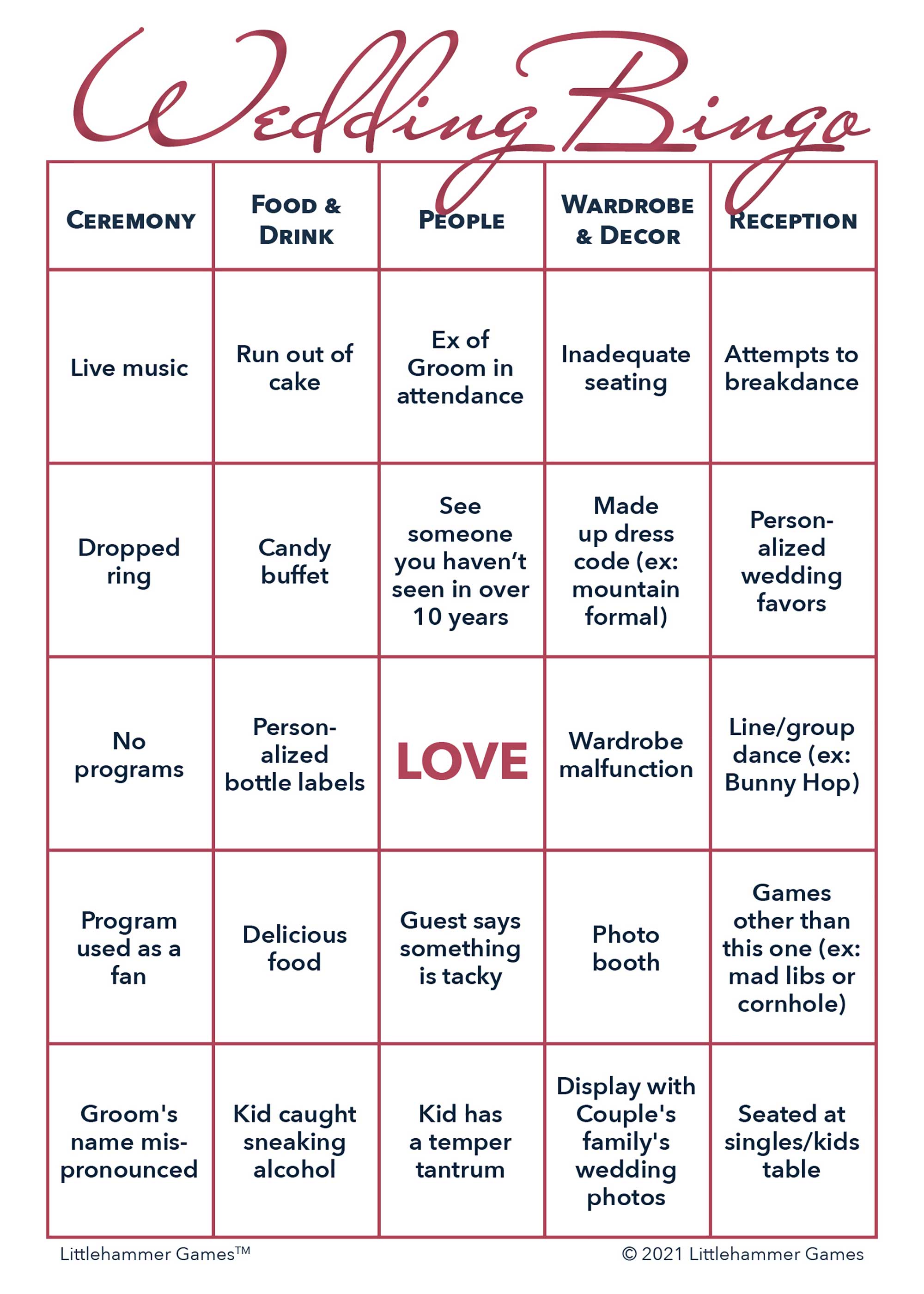 2 Grooms Wedding Bingo printable card in rose gold theme