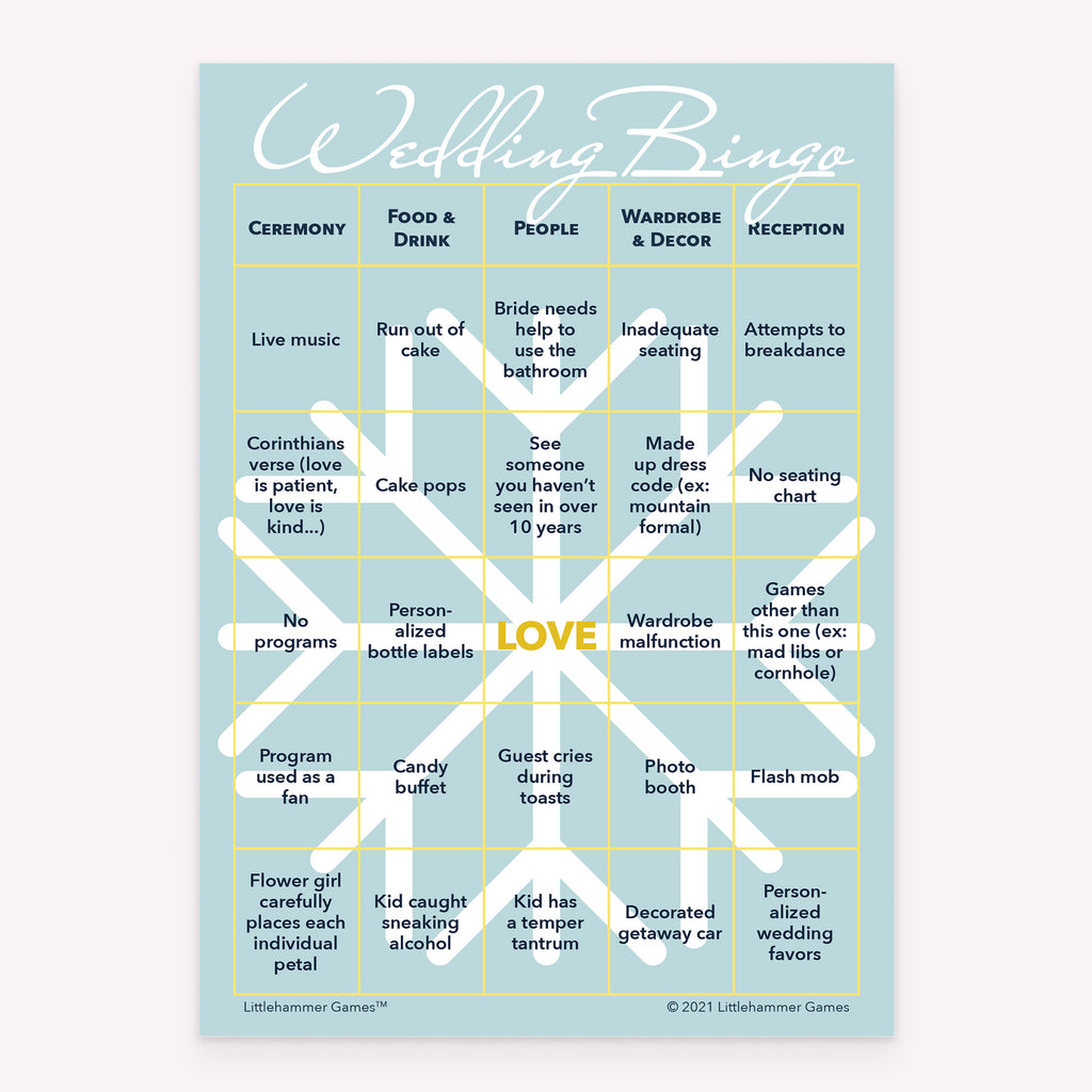 Printable wedding Bride and Groom Wedding Bingo card in snowflake-theme