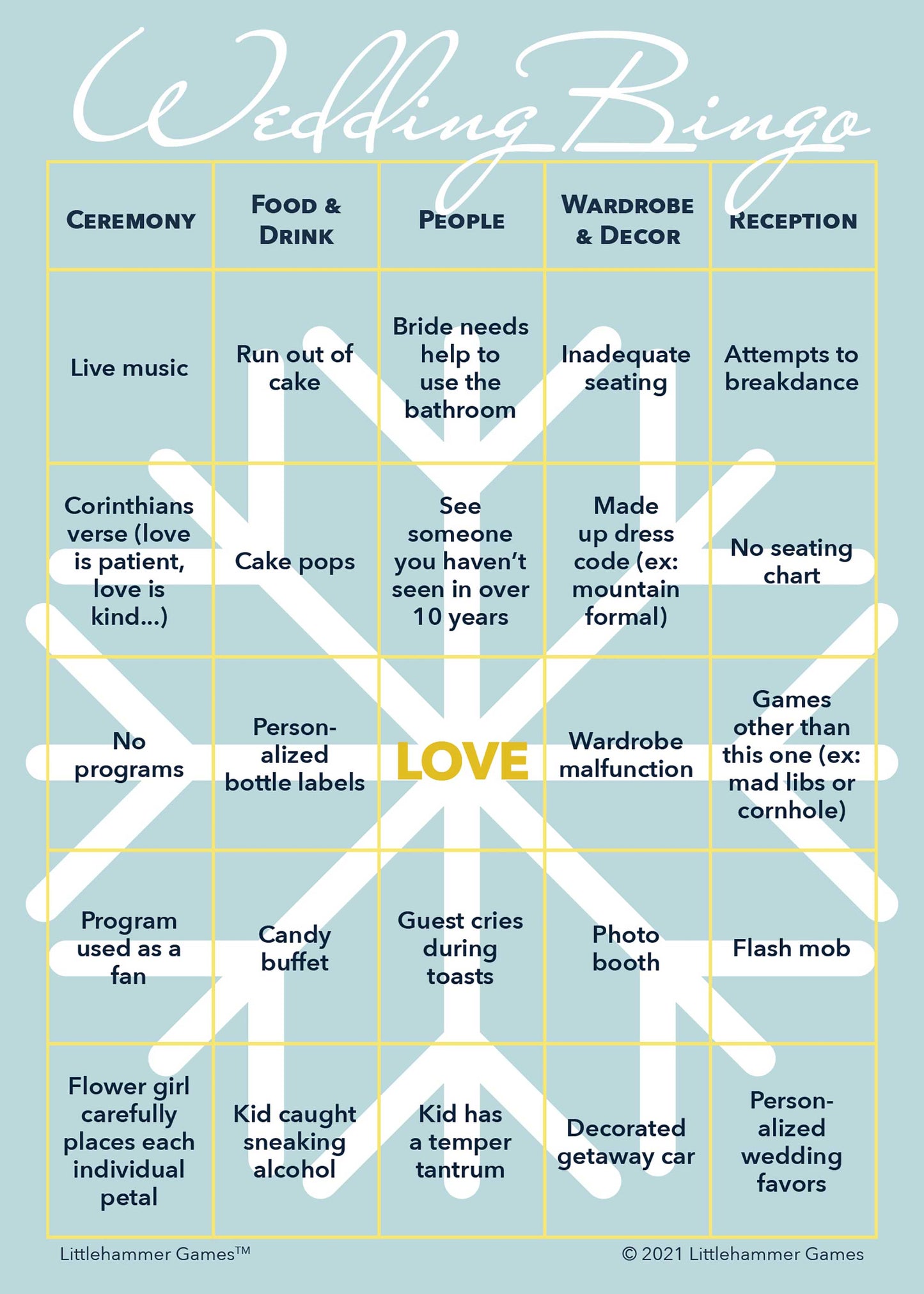 Printable wedding Bride and Groom Wedding Bingo card in snowflake-theme