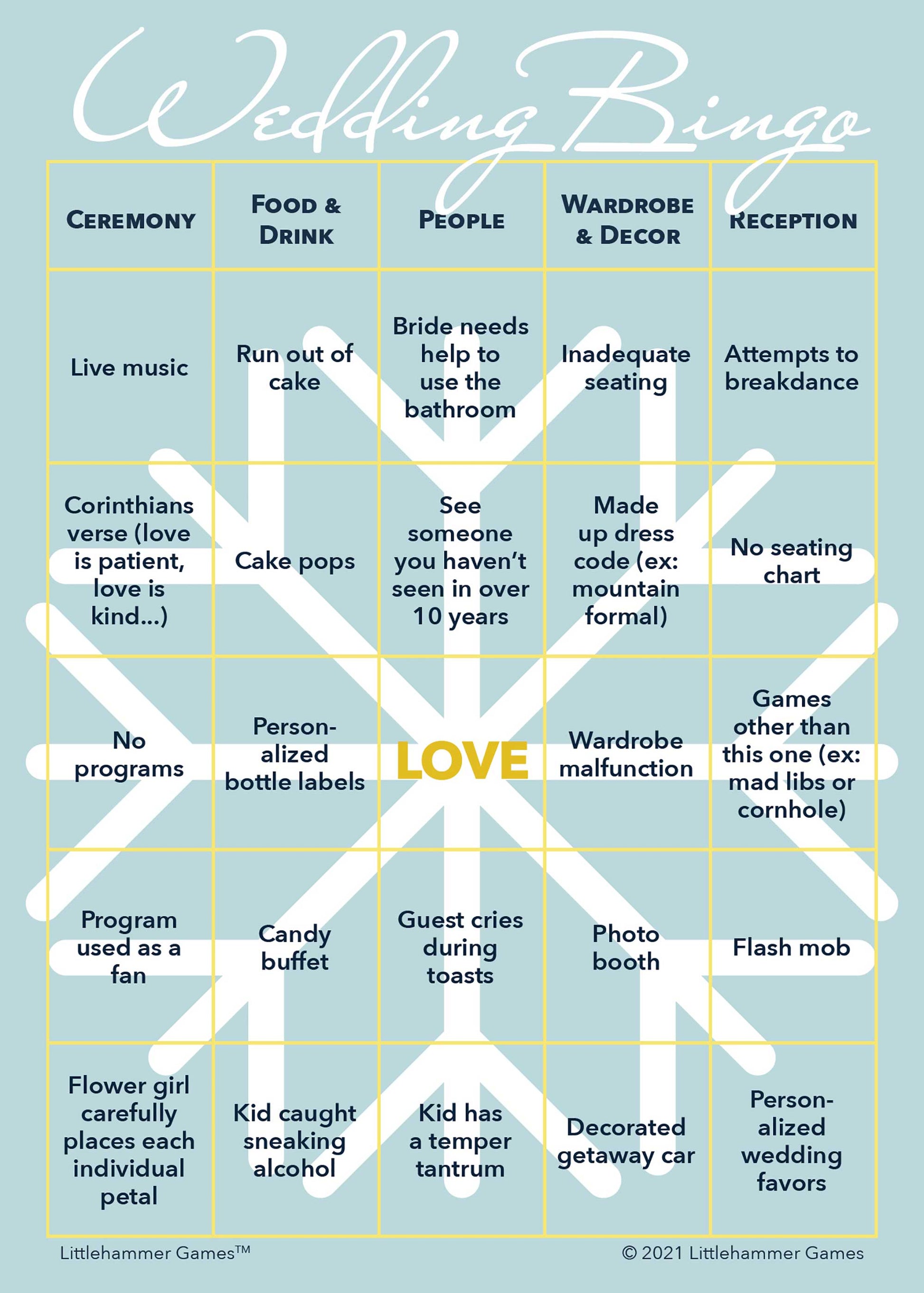 Printable wedding Bride and Groom Wedding Bingo card in snowflake-theme