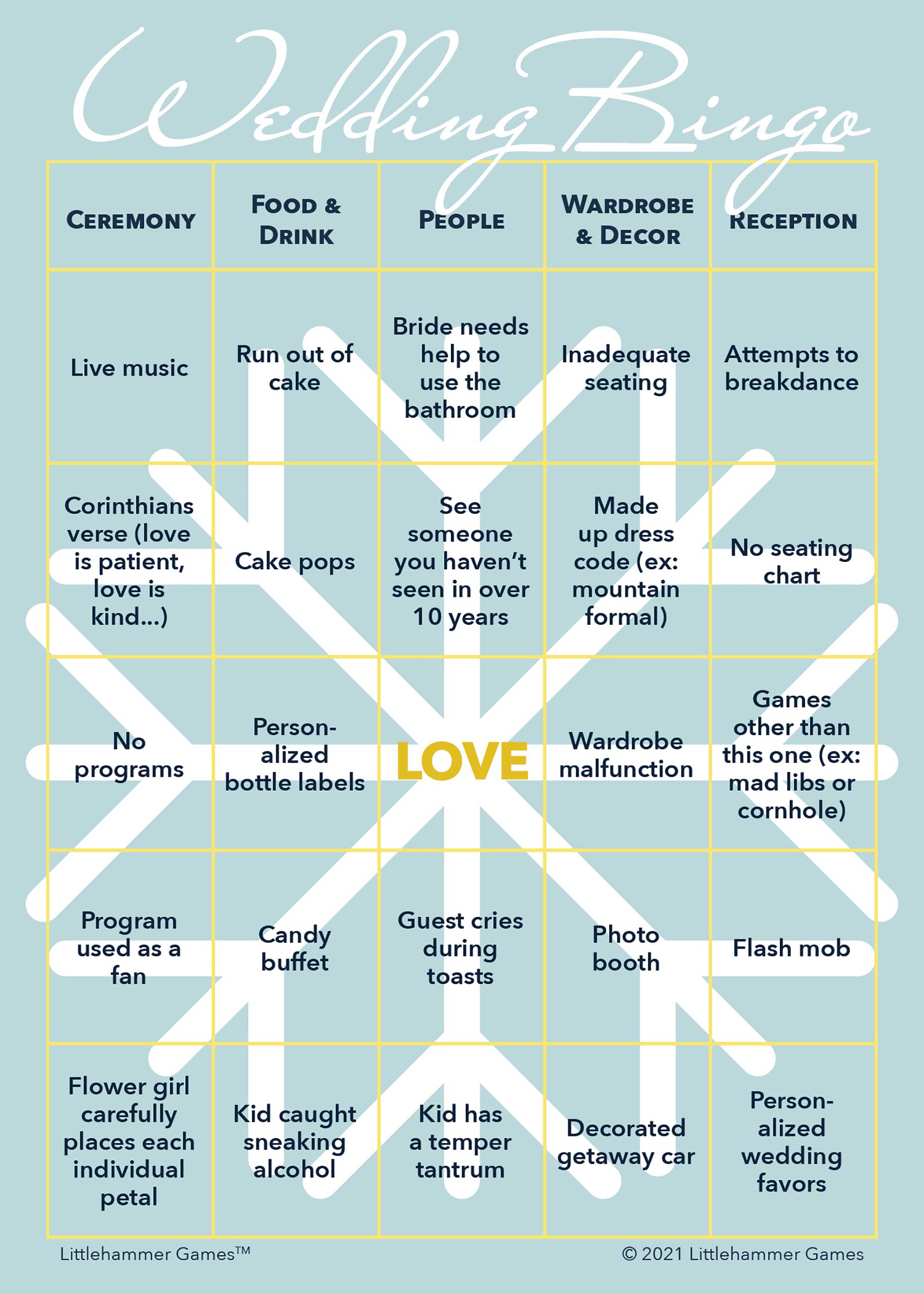 Printable wedding Bride and Groom Wedding Bingo card in snowflake-theme