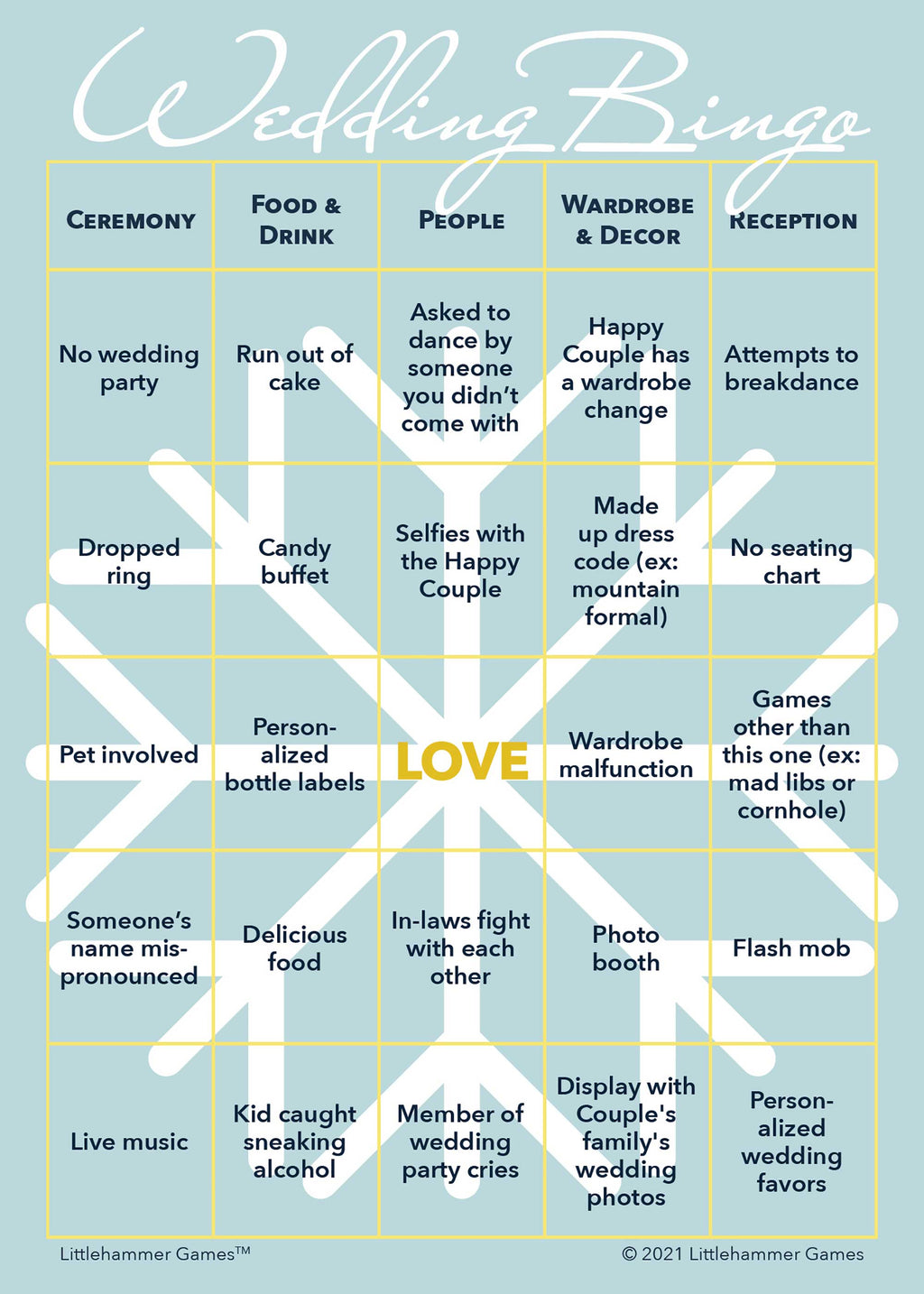 Wedding printable Gender Neutral Wedding Bingo card featuring snowflake design