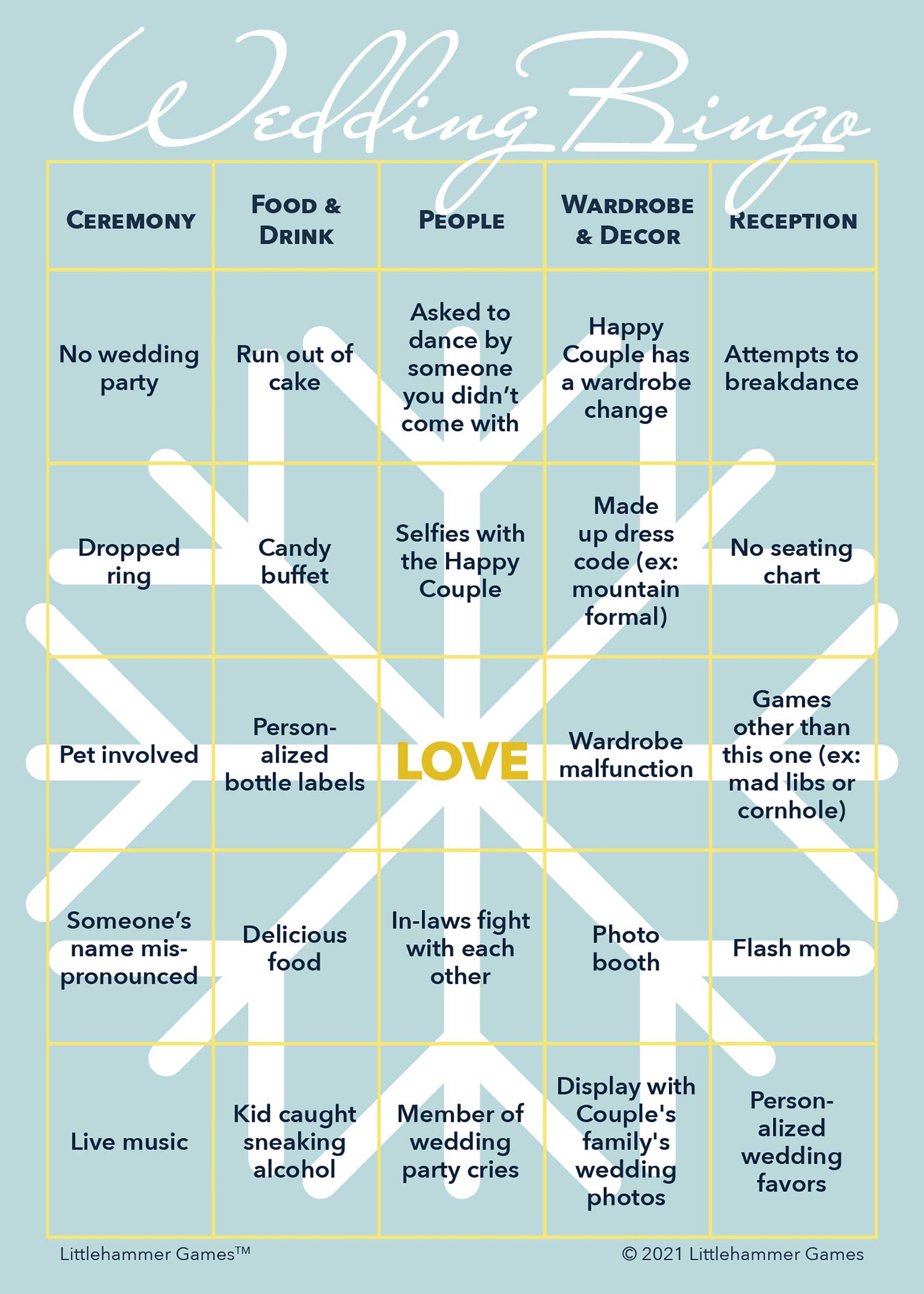 Wedding printable Gender Neutral Wedding Bingo card featuring snowflake design