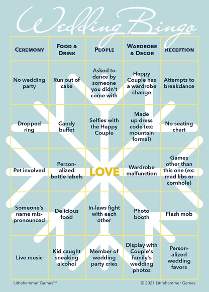Wedding printable Gender Neutral Wedding Bingo card featuring snowflake design