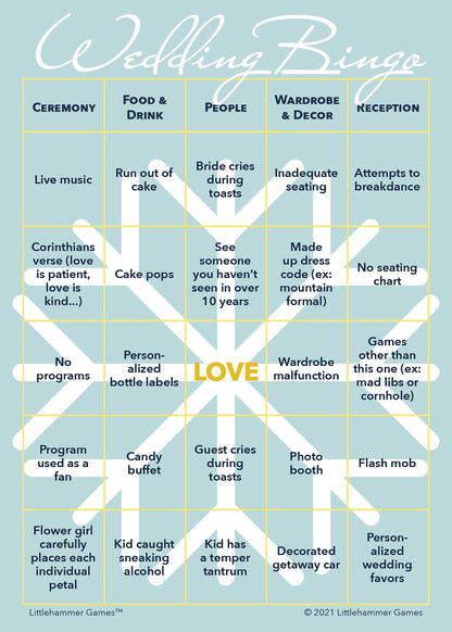 2 Brides Wedding Bingo game card with snowflake background