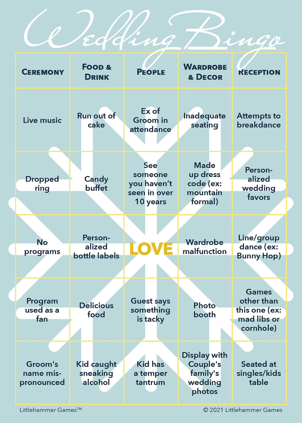 Snowflake design printable 2 Grooms Wedding Bingo card