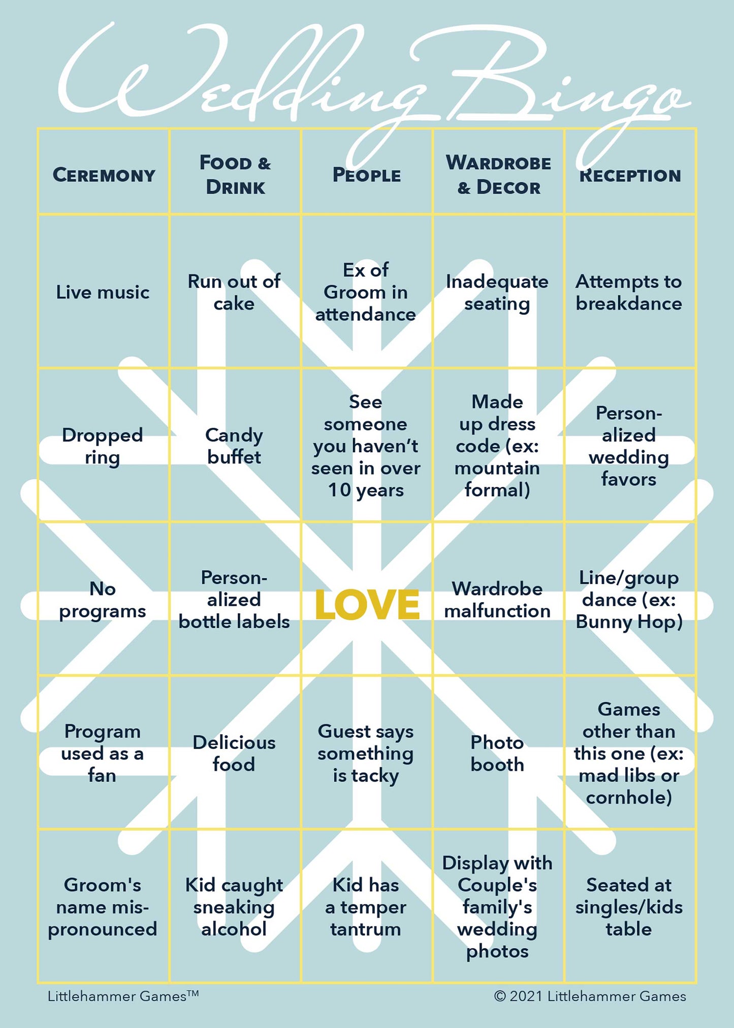 Snowflake design printable 2 Grooms Wedding Bingo card