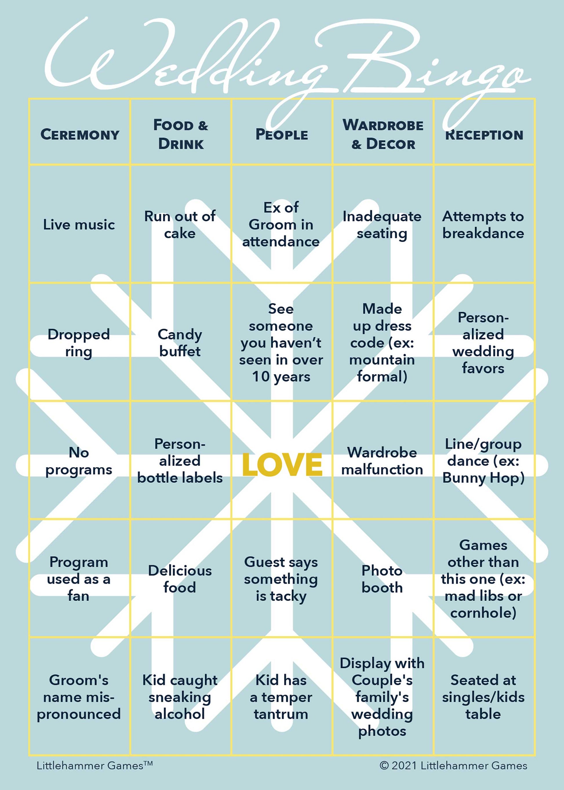 Snowflake design printable 2 Grooms Wedding Bingo card