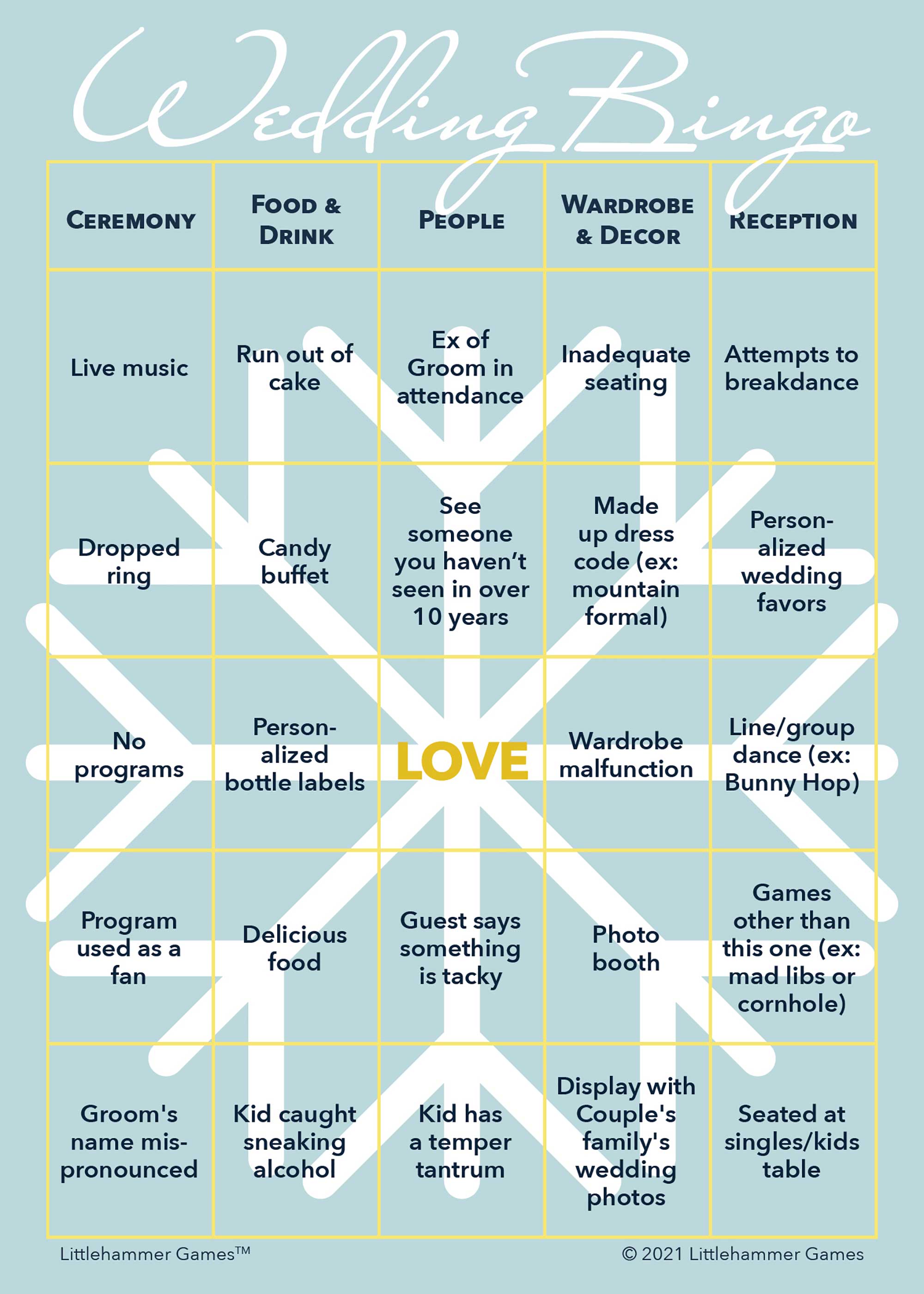 Snowflake design printable 2 Grooms Wedding Bingo card