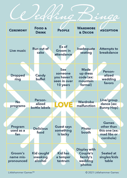 Snowflake design printable 2 Grooms Wedding Bingo card