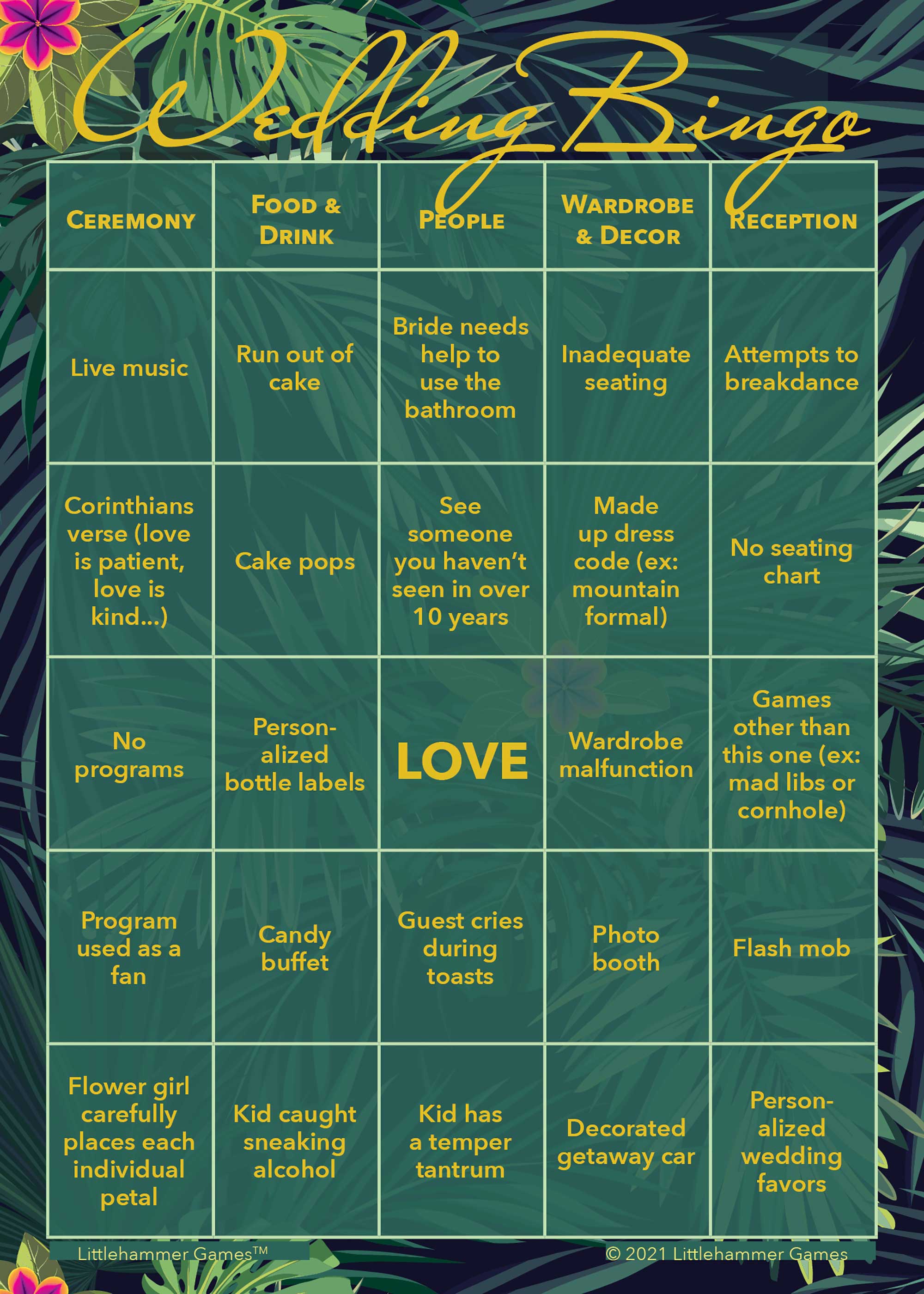 Tropical printable wedding game card for Bride and Groom Wedding Bingo